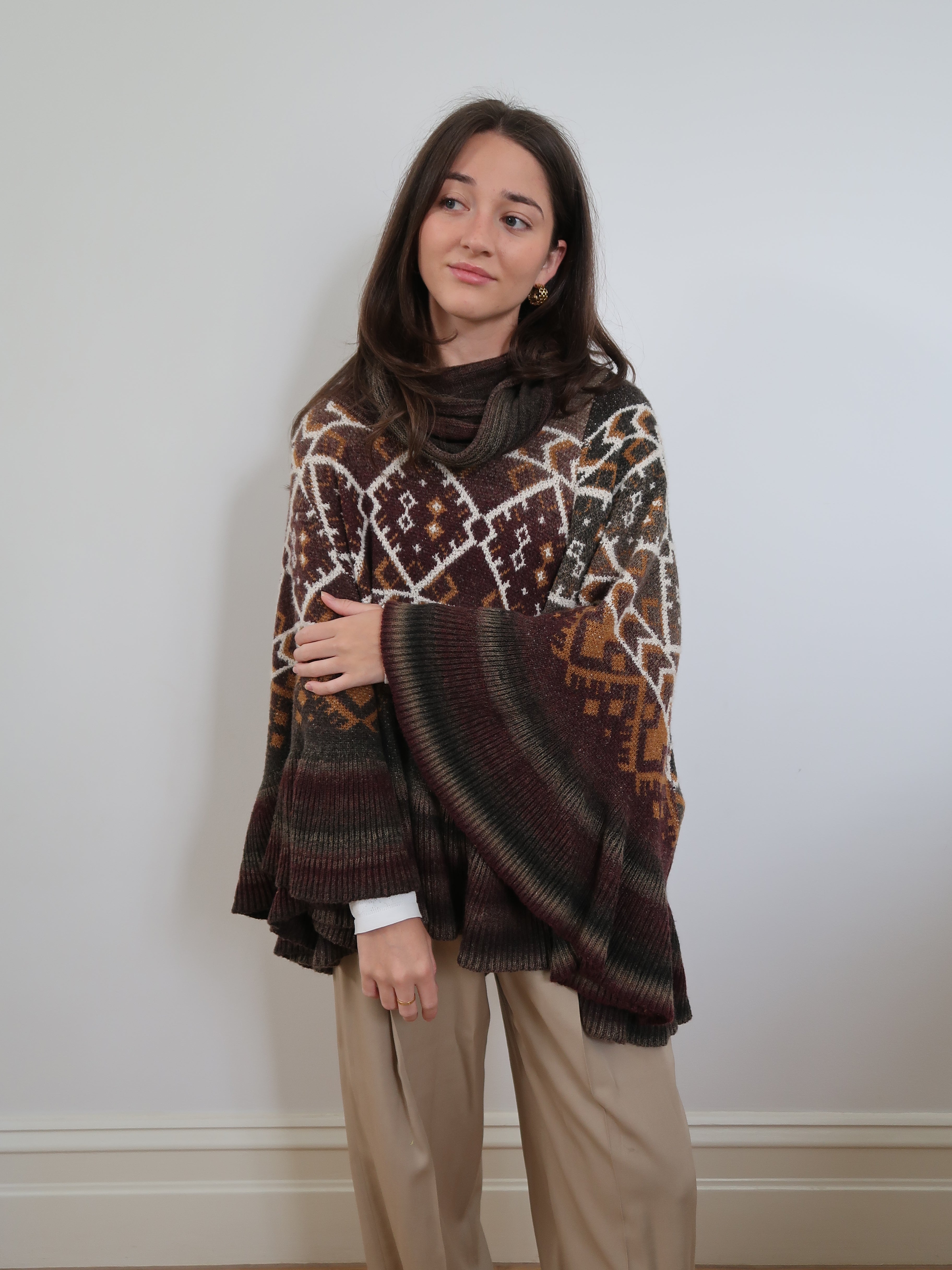 Wide Sleeve Poncho Knit - Wine 24108