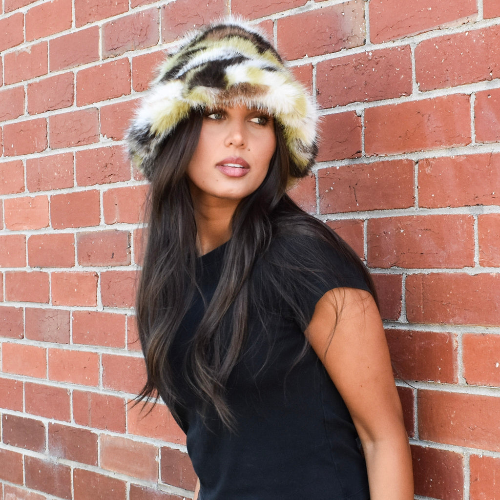 Fluffy Faux Fur Bucket Hat Mixed Print 7522