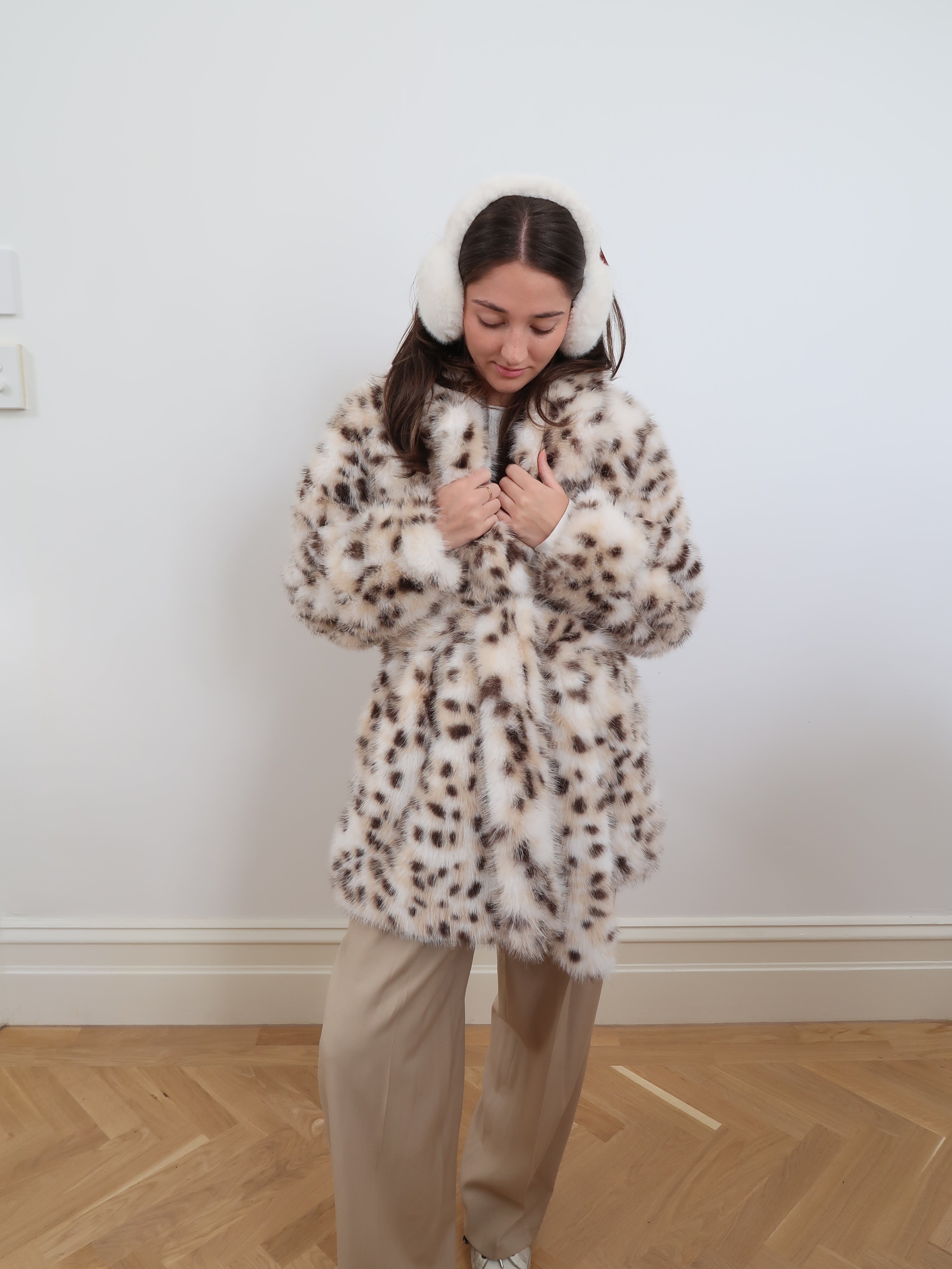 Faux Fur Cream Leopard Coat Medium Length - F77