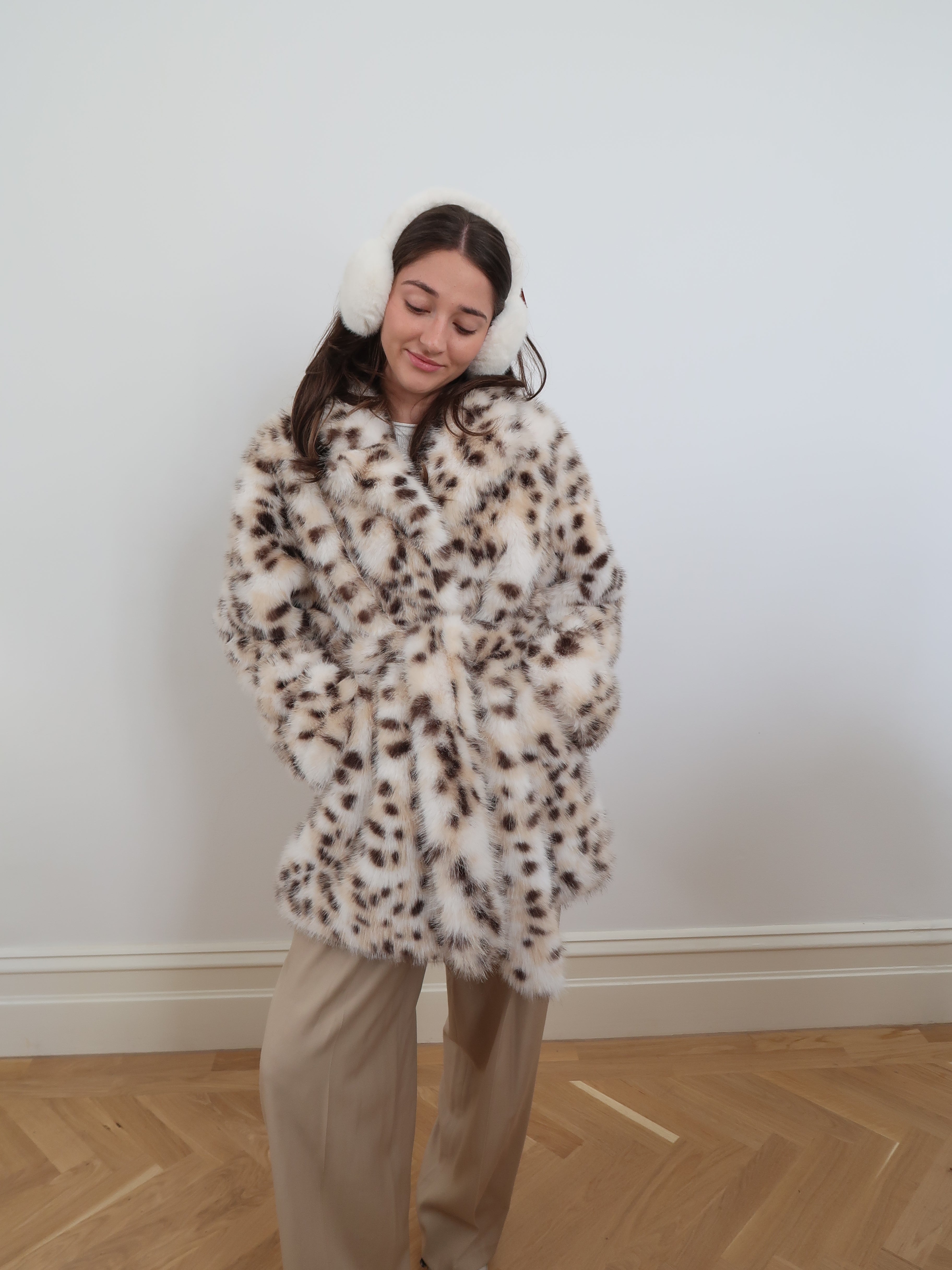 Faux Fur Cream Leopard Coat Medium Length - F77