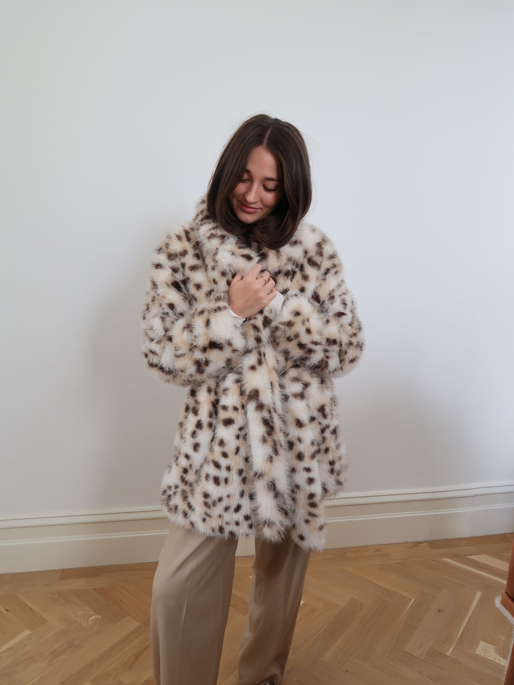 Faux Fur Cream Leopard Coat Medium Length - F77