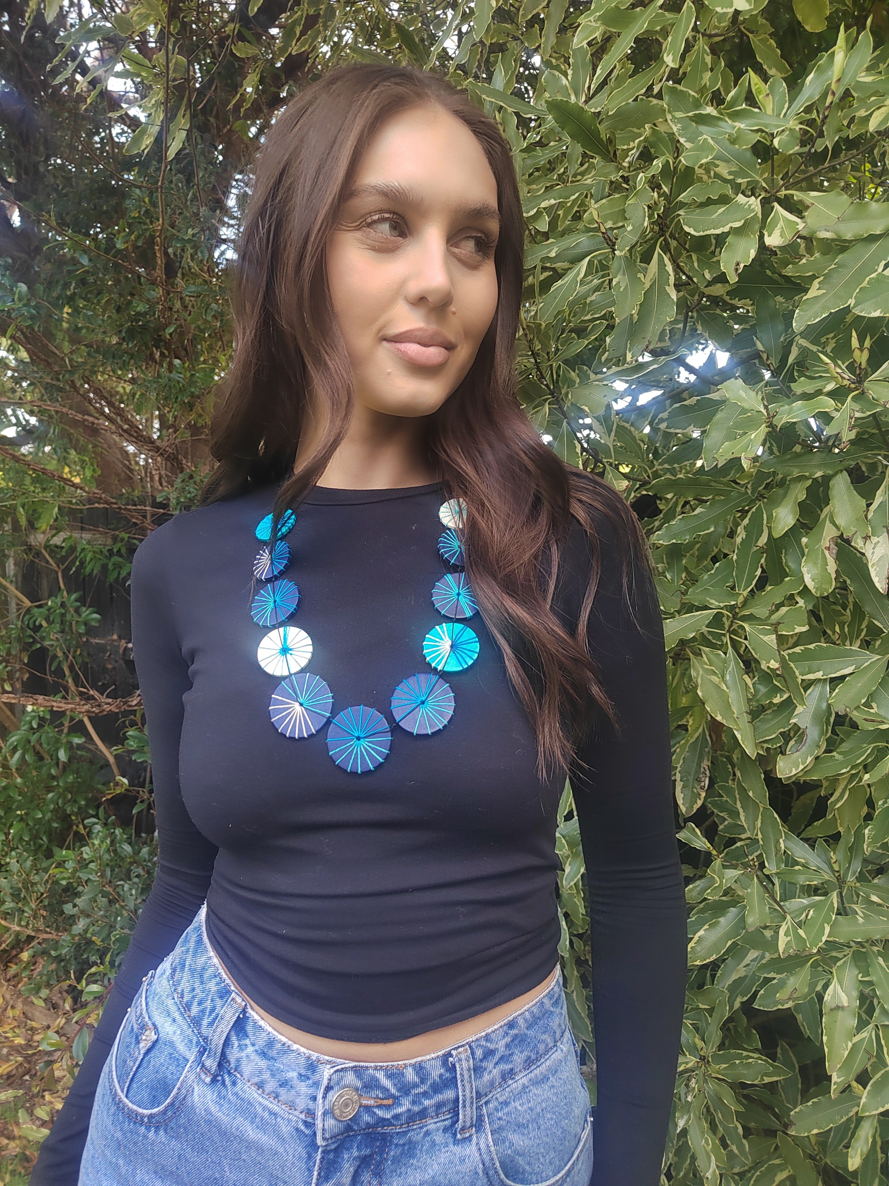 Embroidered Wooden Circles Beads N7-915