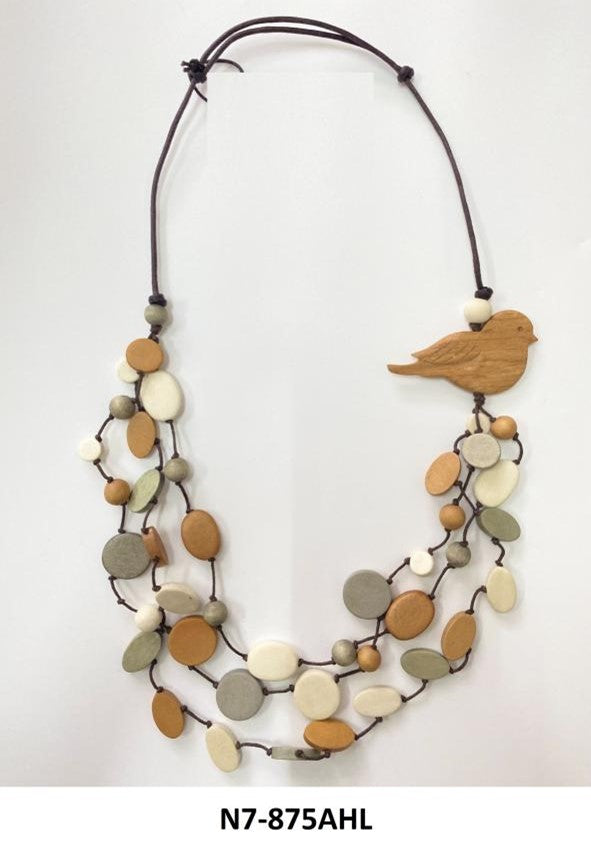 Whimsical Wooden Beaded and Layered Necklace with Bird N7-875AHL