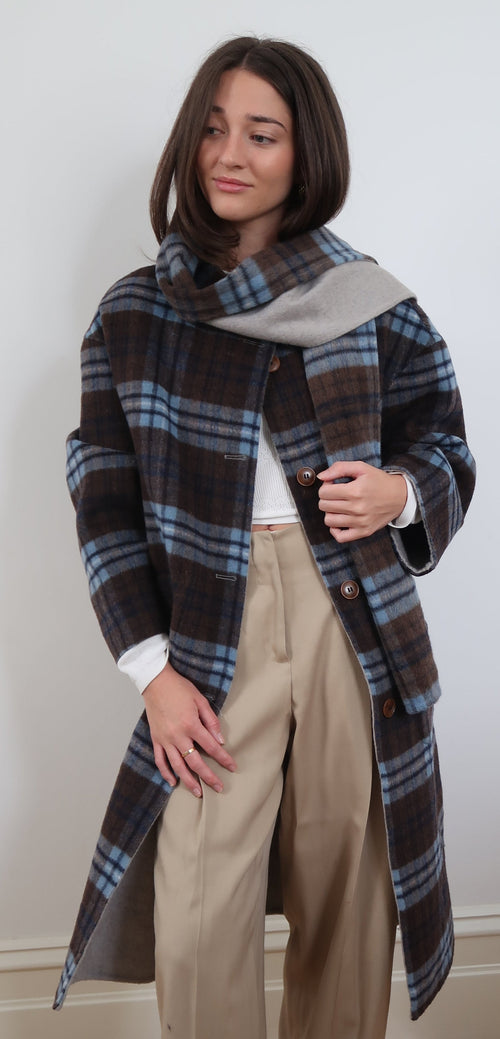 Built in Wool Scarf Check Coat - Blue SM003