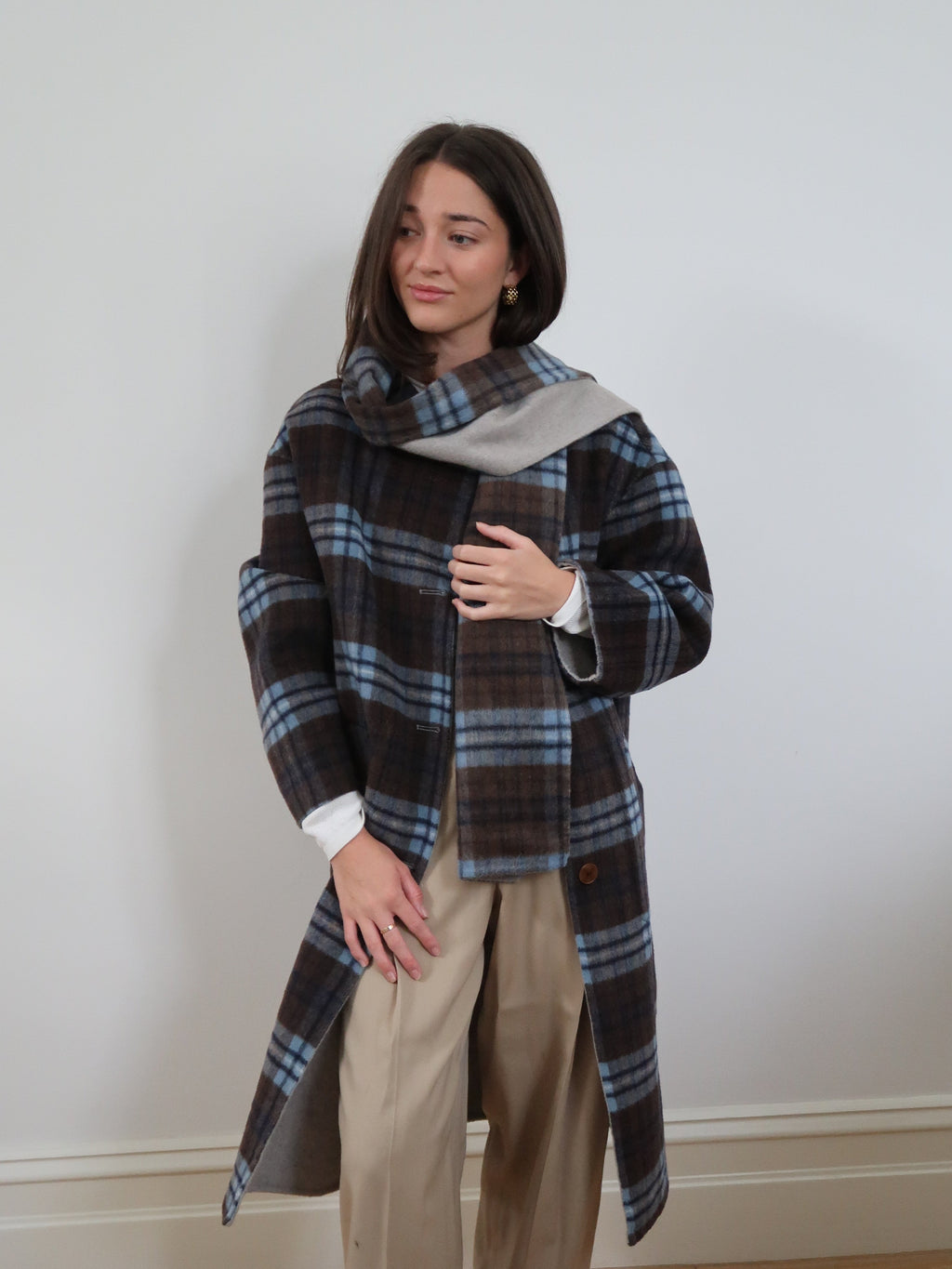 Built in Wool Scarf Check Coat - Blue SM003