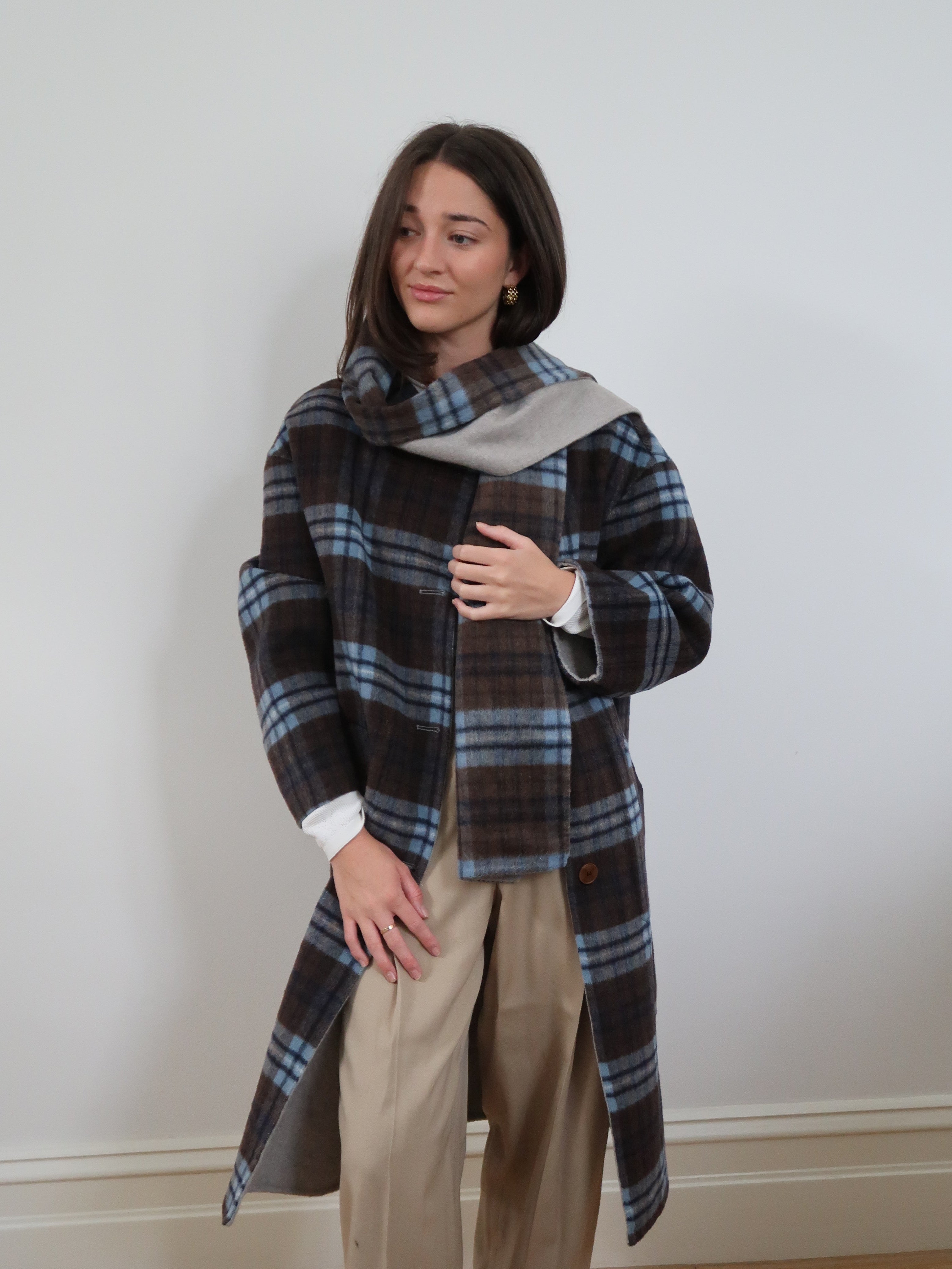 Built in Wool Scarf Check Coat - Blue SM003