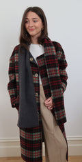 Built in Wool Scarf Check Coat - Red SM003