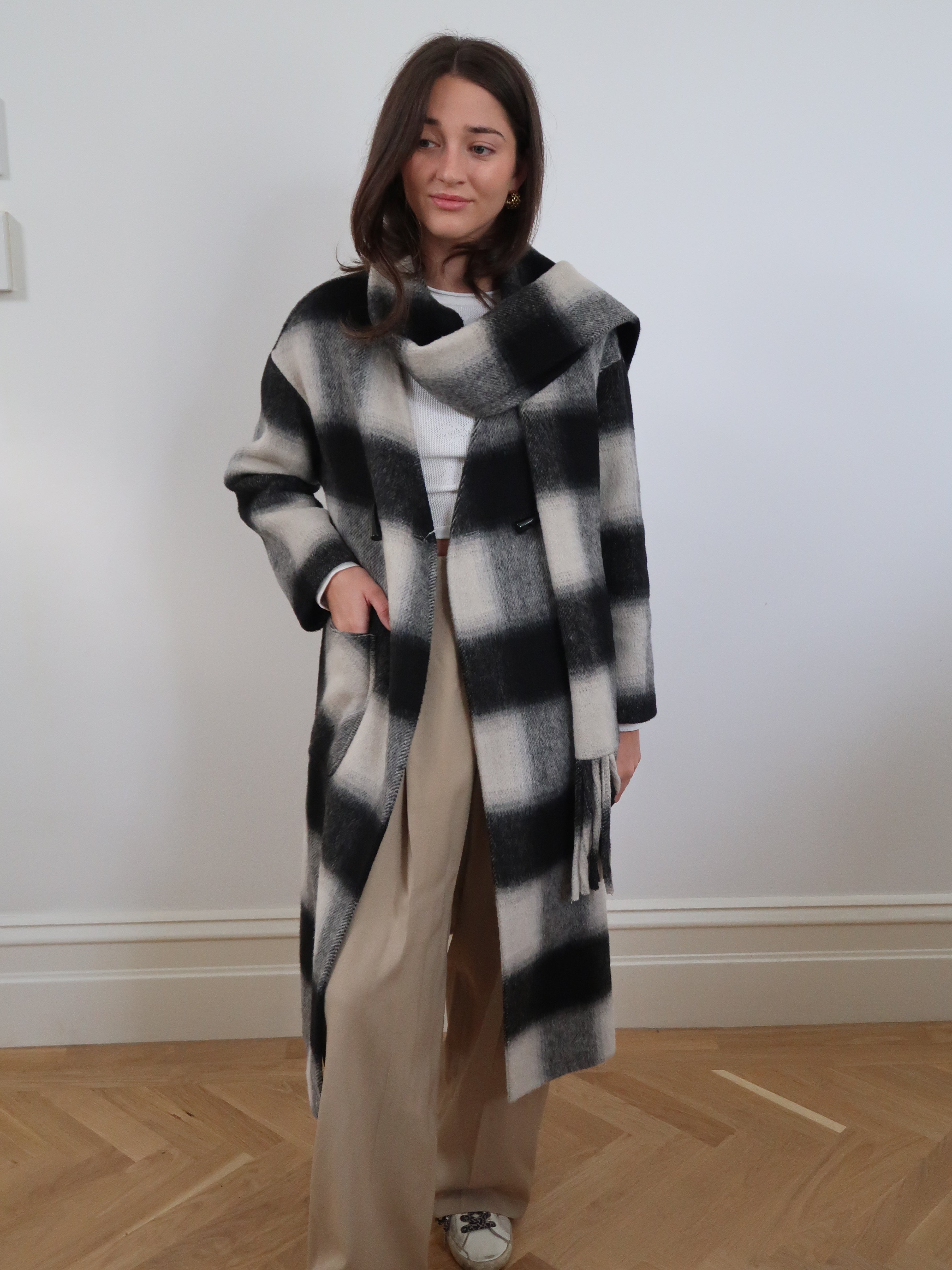 Built in Scarf Coat - Black SM007