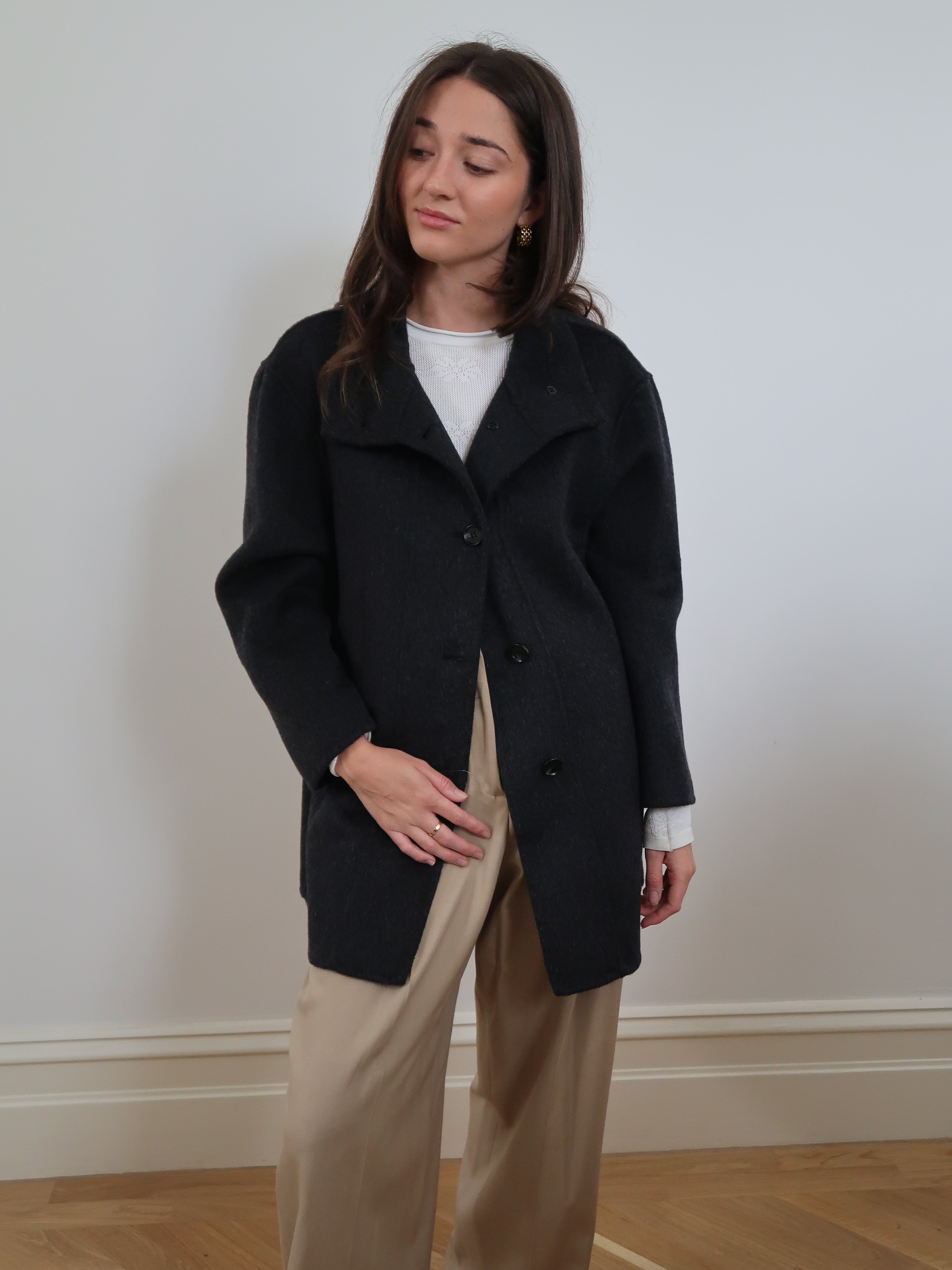 Medium Length Coat with Belt - Charcoal SM008