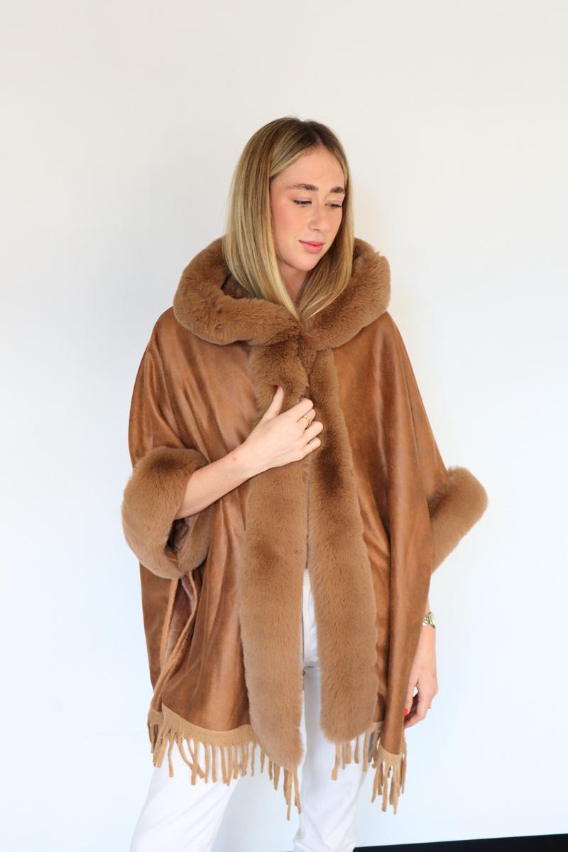 Hooded Faux Fur Poncho - S44346