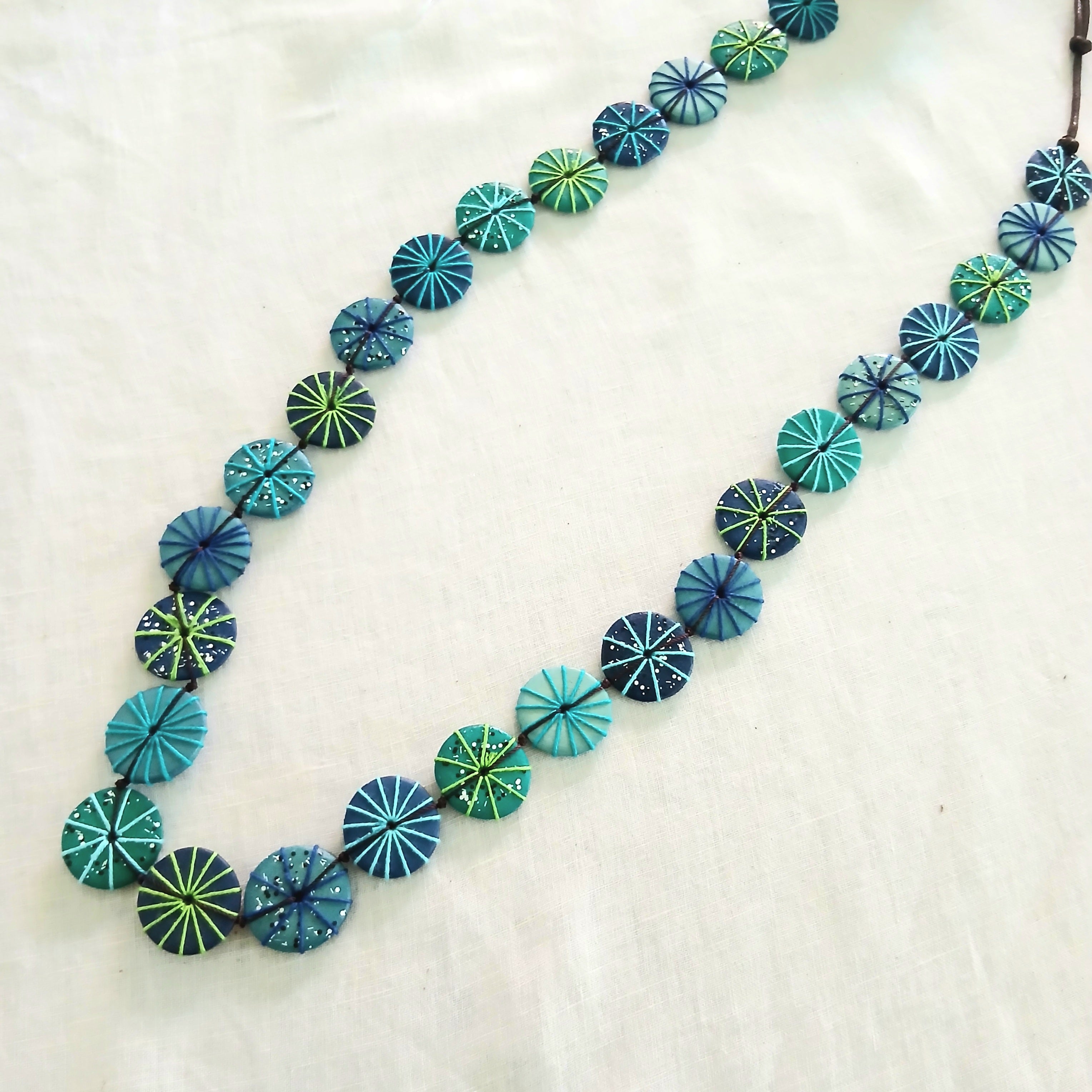 Long Embroidered and Speckled Wooden Beaded Necklace N7-01