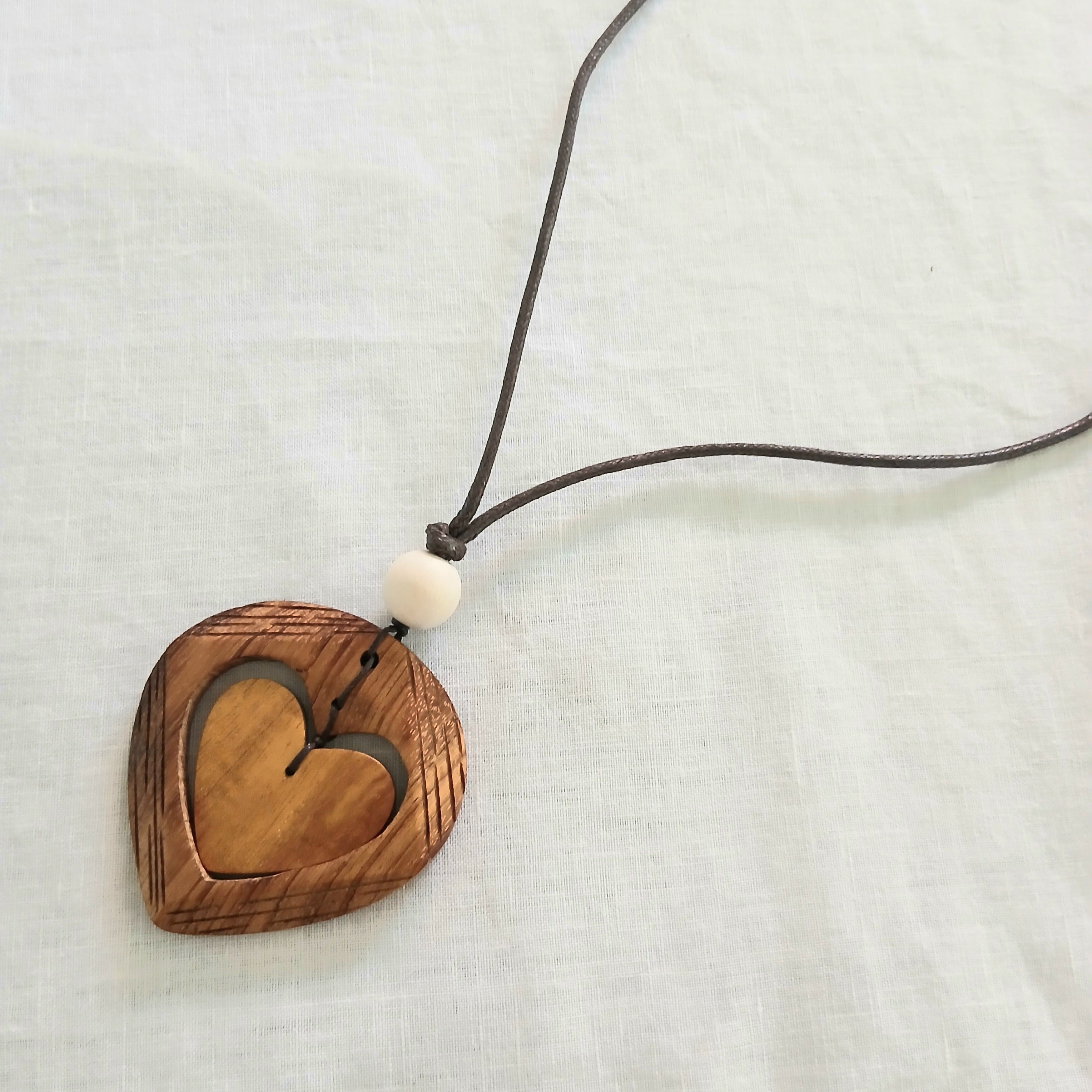 Wooden Heart in Heart Pendant Necklace N7-1361