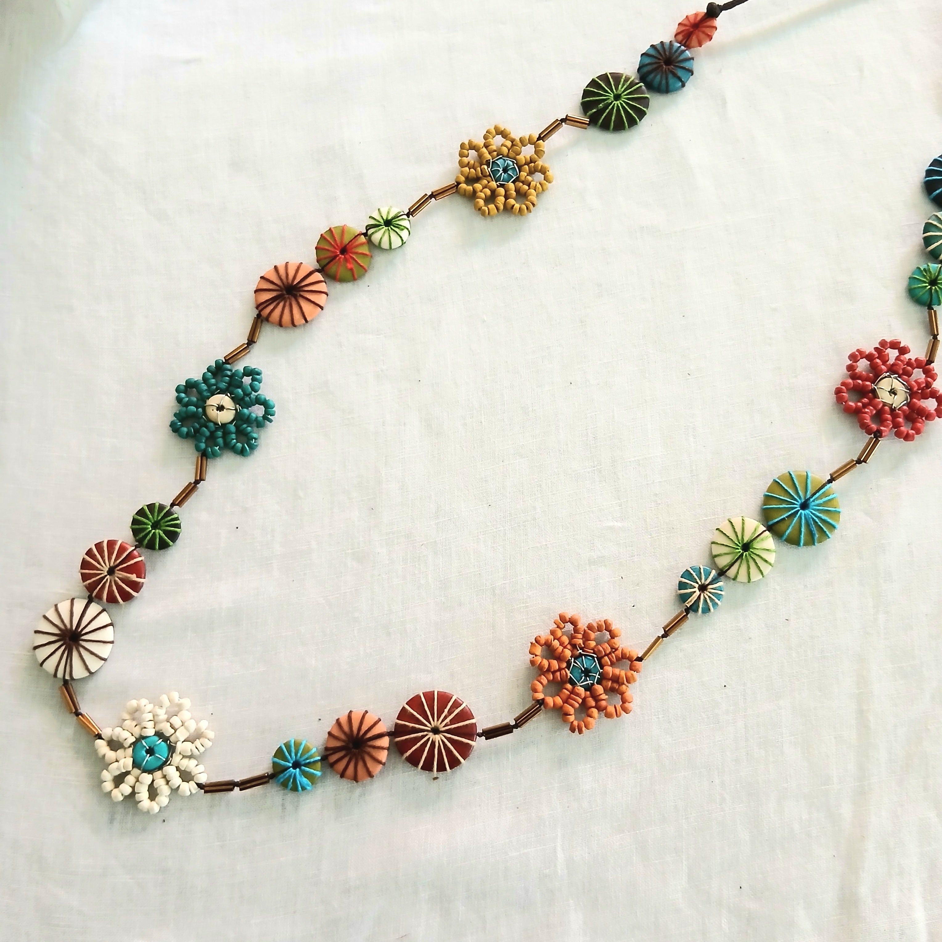 Floral and Embroidered Wooden Beaded Necklace N6-50X
