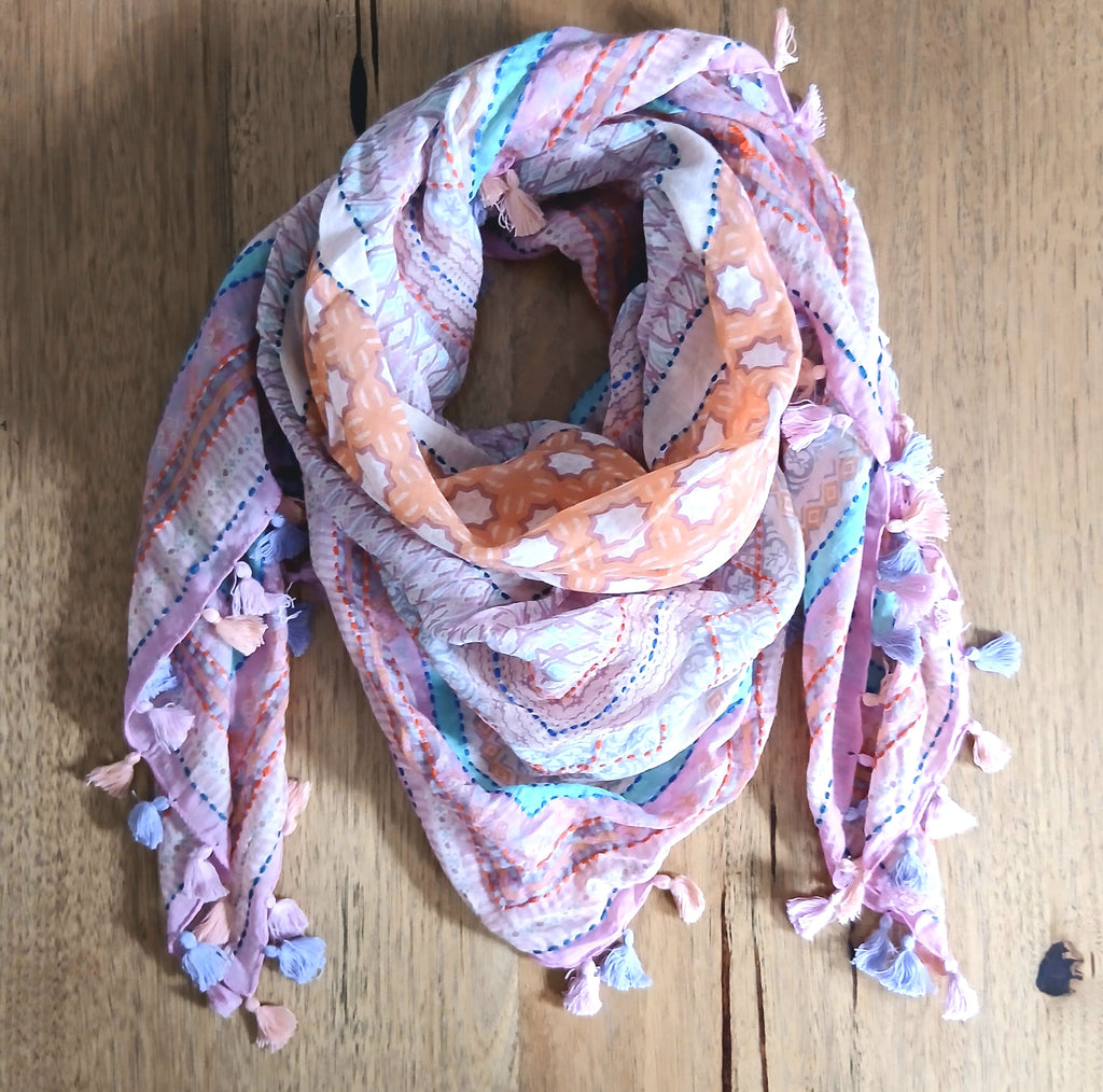 Cotton Square Embroidered Scarf with Pompom 46209