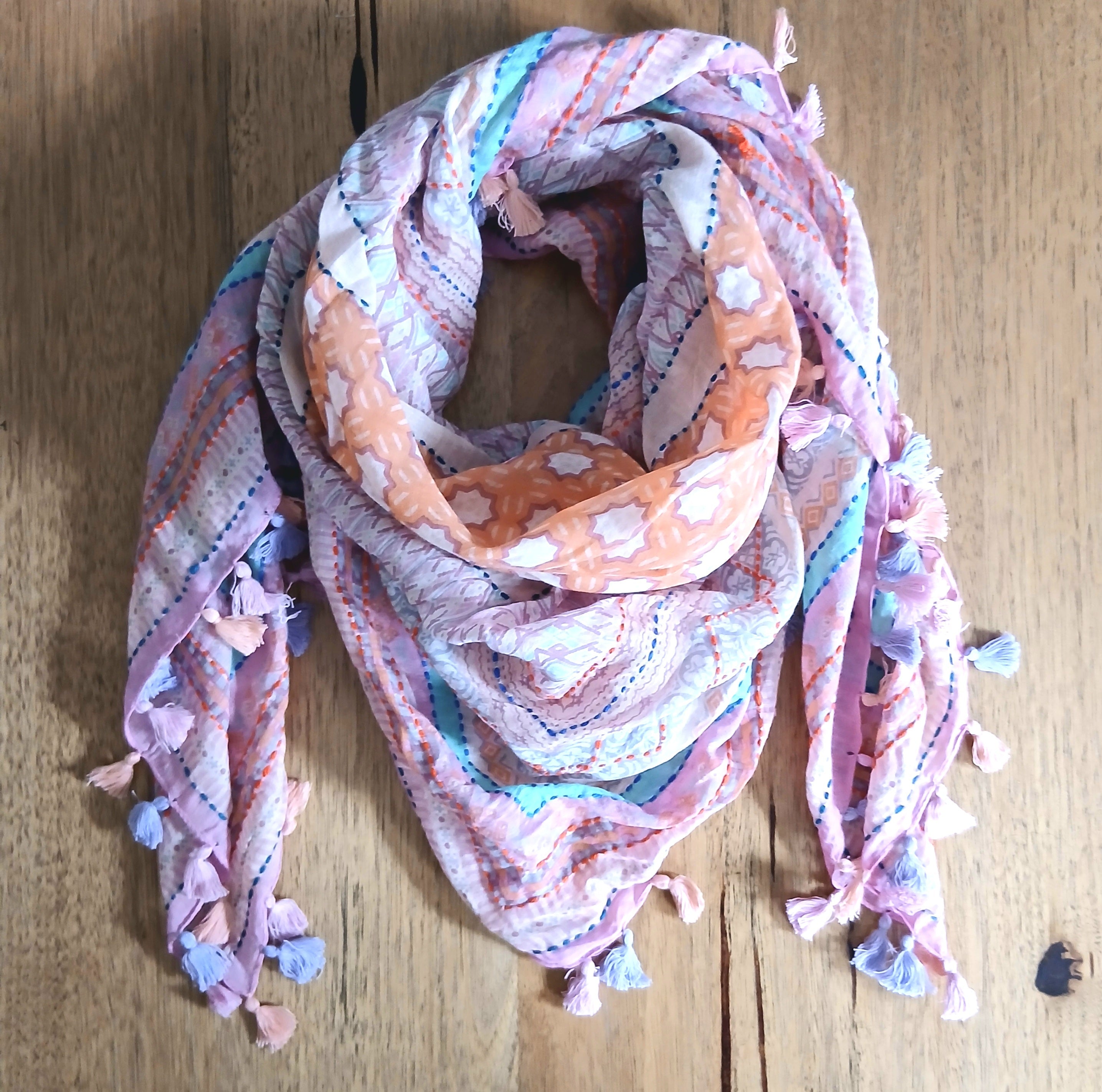 Cotton Square Embroidered Scarf with Pompom 46209
