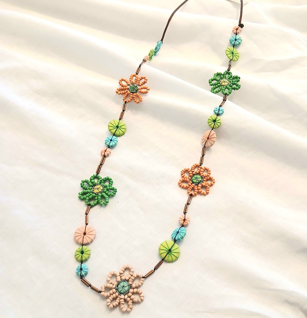 Embroidered Floral and Wooden Beaded Necklace N7-1575