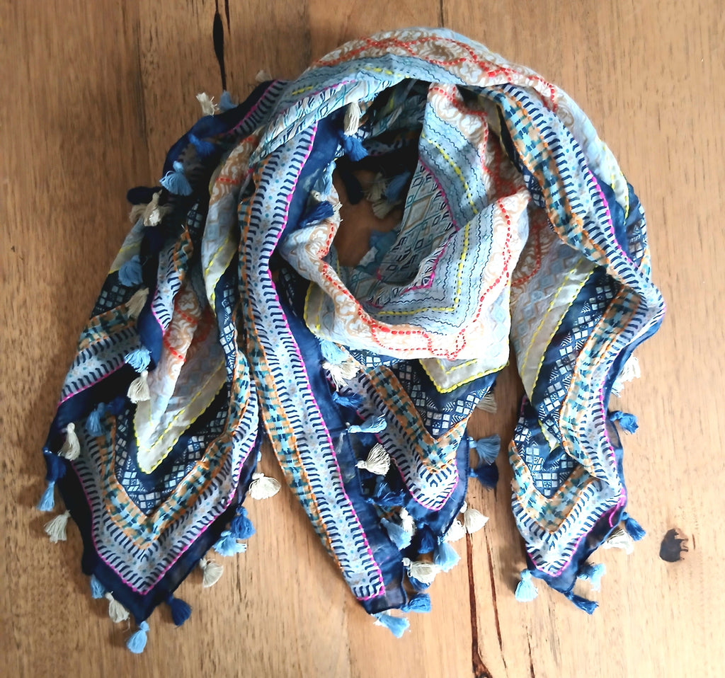 Cotton Square Embroidered Scarf with Pompom 46209