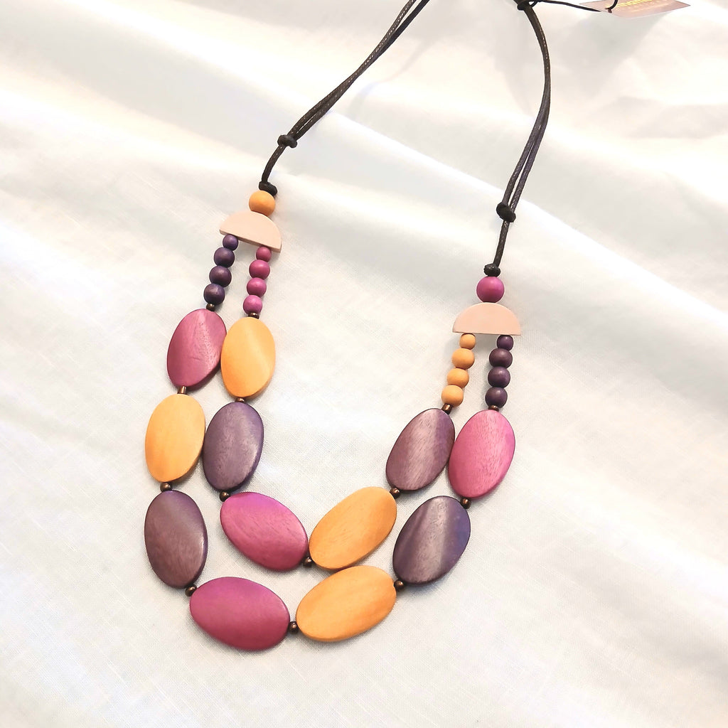 Double-Layered Oval Wooden Beaded Necklace N7-1407