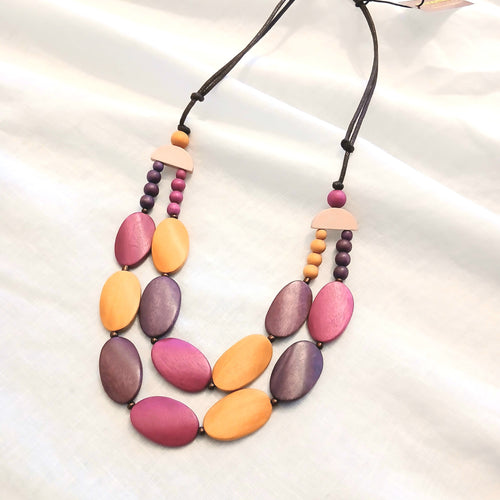 Double-Layered Oval Wooden Beaded Necklace N7-1407