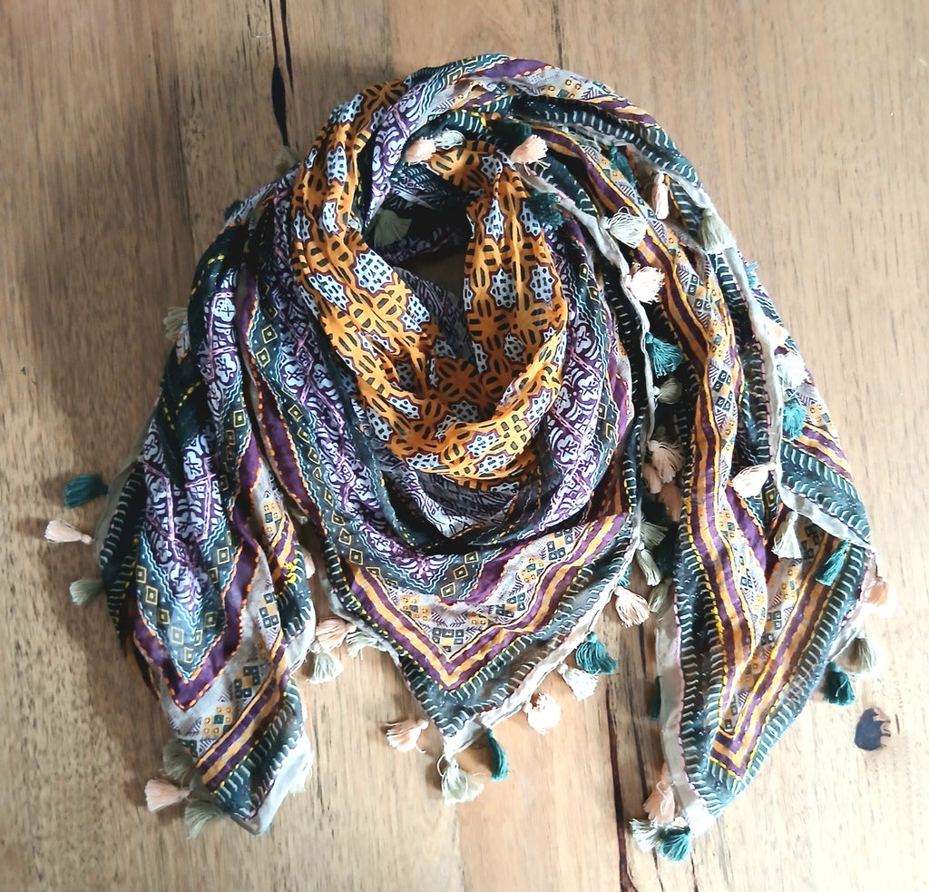 Cotton Square Embroidered Scarf with Pompom 46209