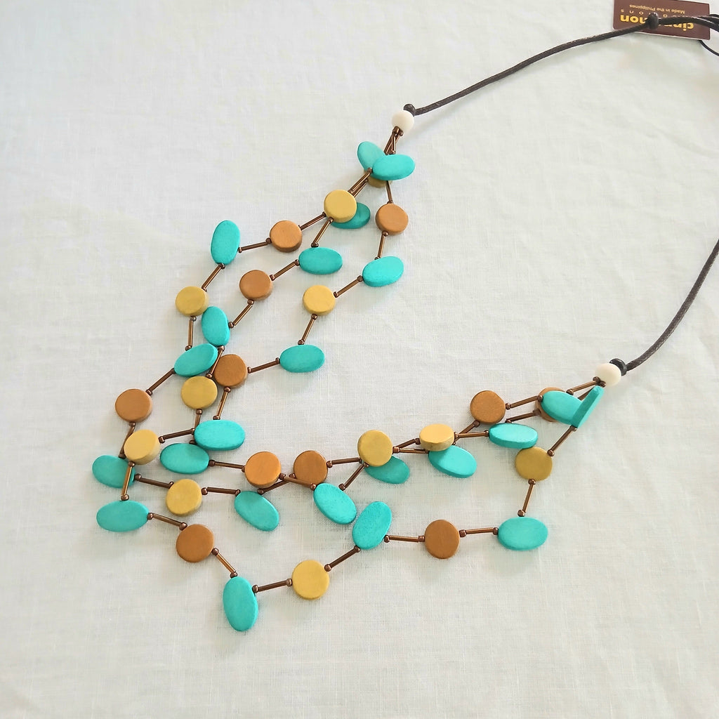 Whimsical Wooden Beaded Necklace 3-Layered N7-1392