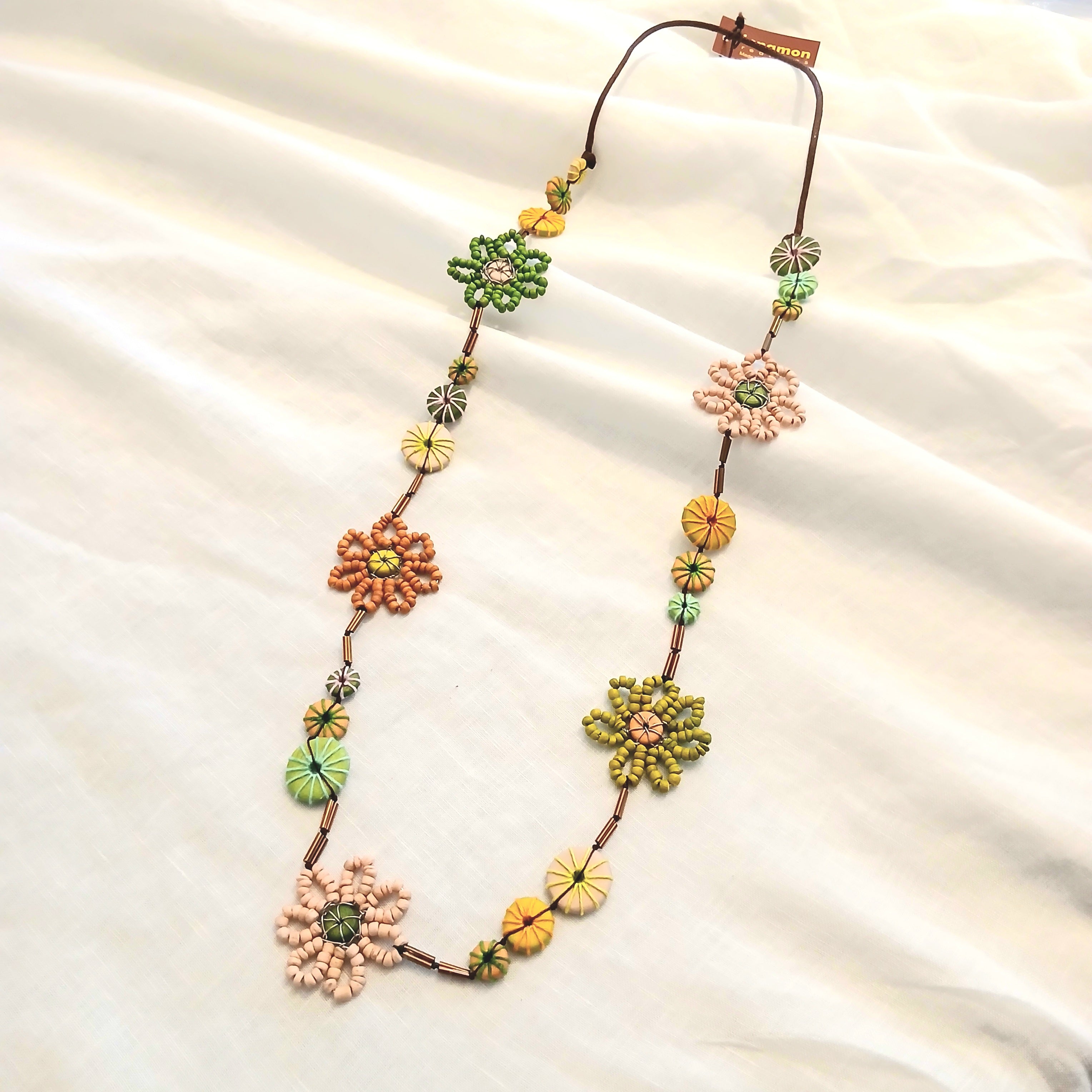 Embroidered Floral and Wooden Beaded Necklace N7-1575