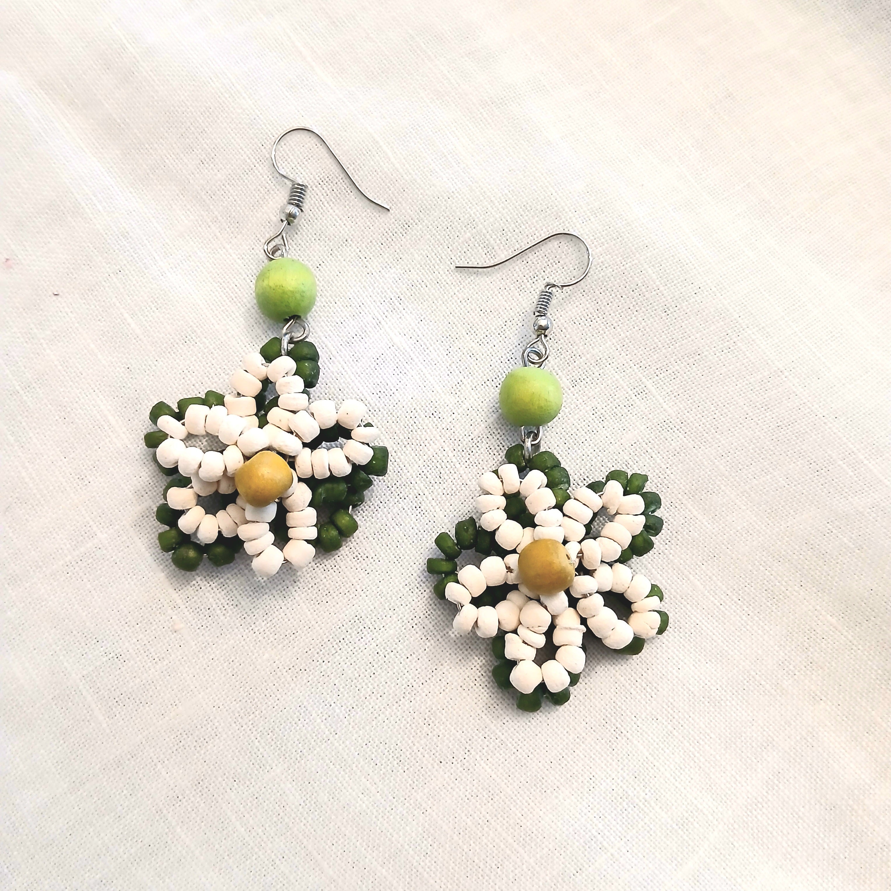 Flower Beaded Earrings with Wooden Beads E0-1079FEA