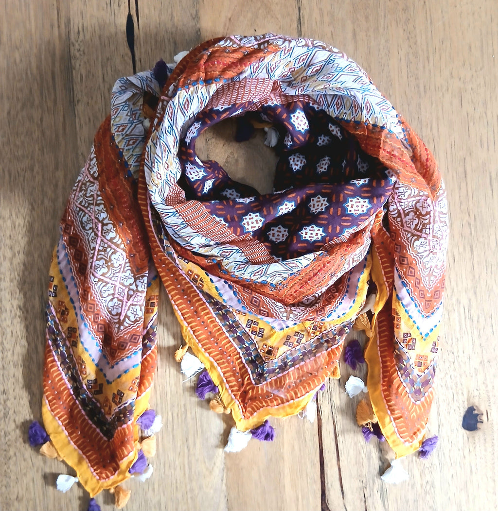 Cotton Square Embroidered Scarf with Pompom 46209