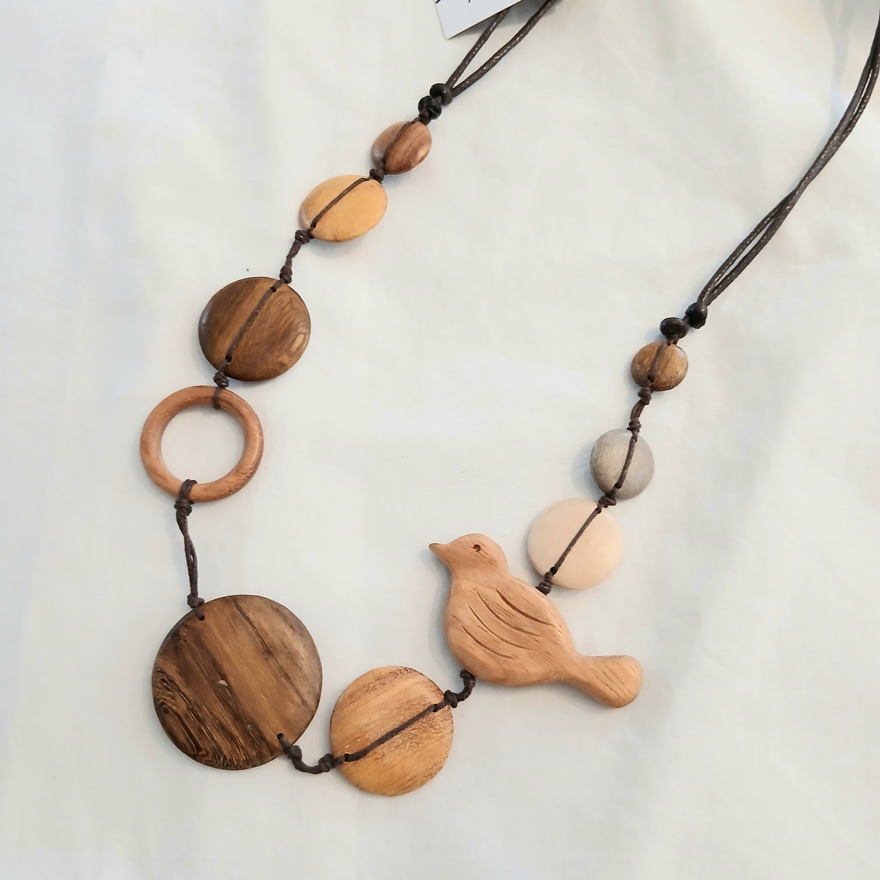 Wooden Bird and Circles Beaded Necklace N7-2047W