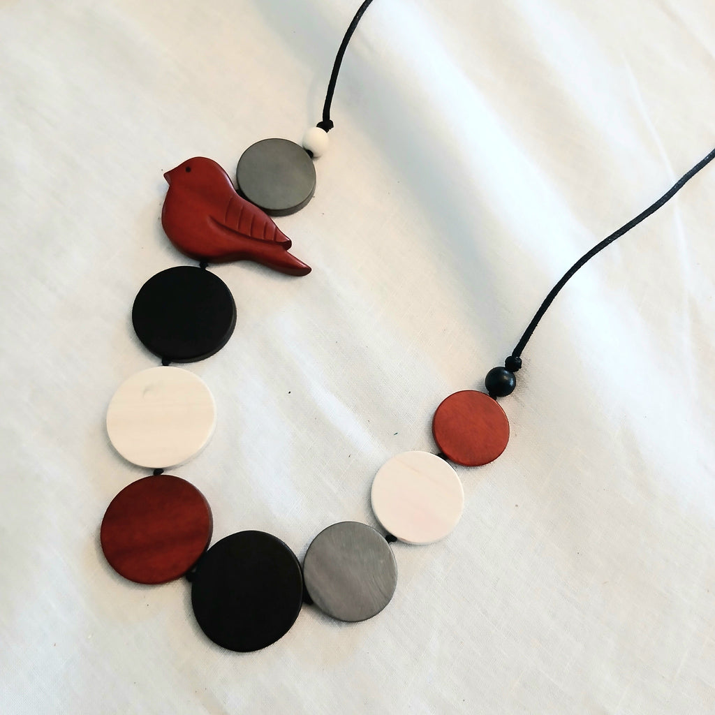 Bird on Circles Wooden Beaded Necklace N7-1134