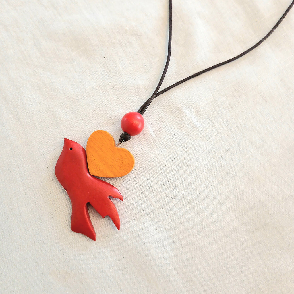 Flying Bird with Heart Wooden Necklace N7-515