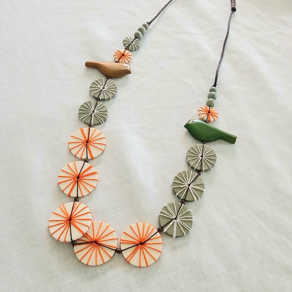 Wooden Beaded and Embroidered Necklace with Birdie N7-696