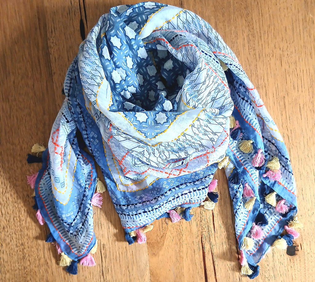 Cotton Square Embroidered Scarf with Pompom 46209