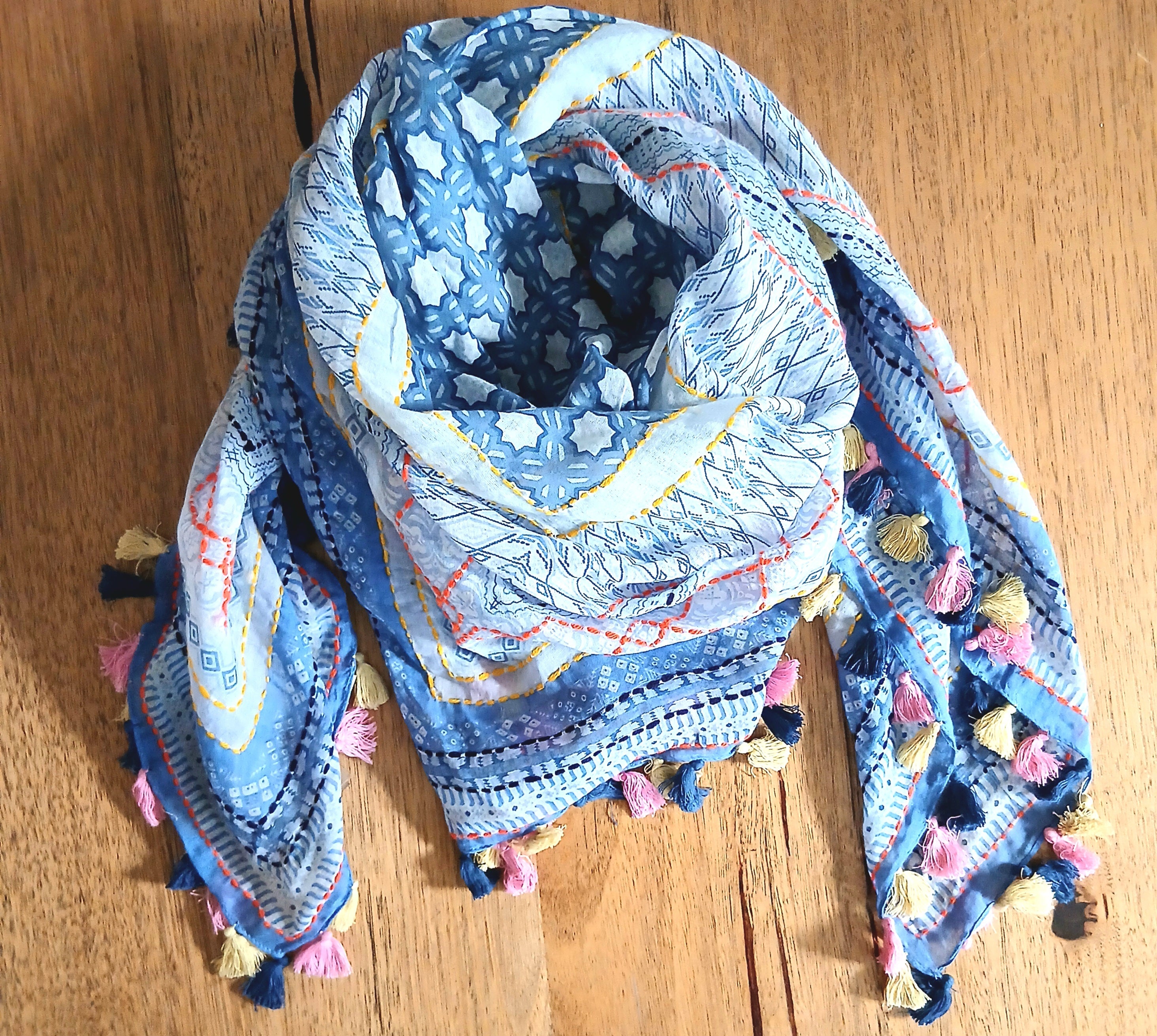 Cotton Square Embroidered Scarf with Pompom 46209