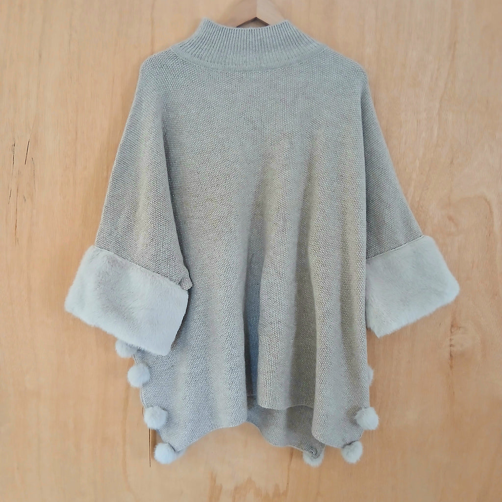 Faux Fur Poncho with Pom Poms 332767