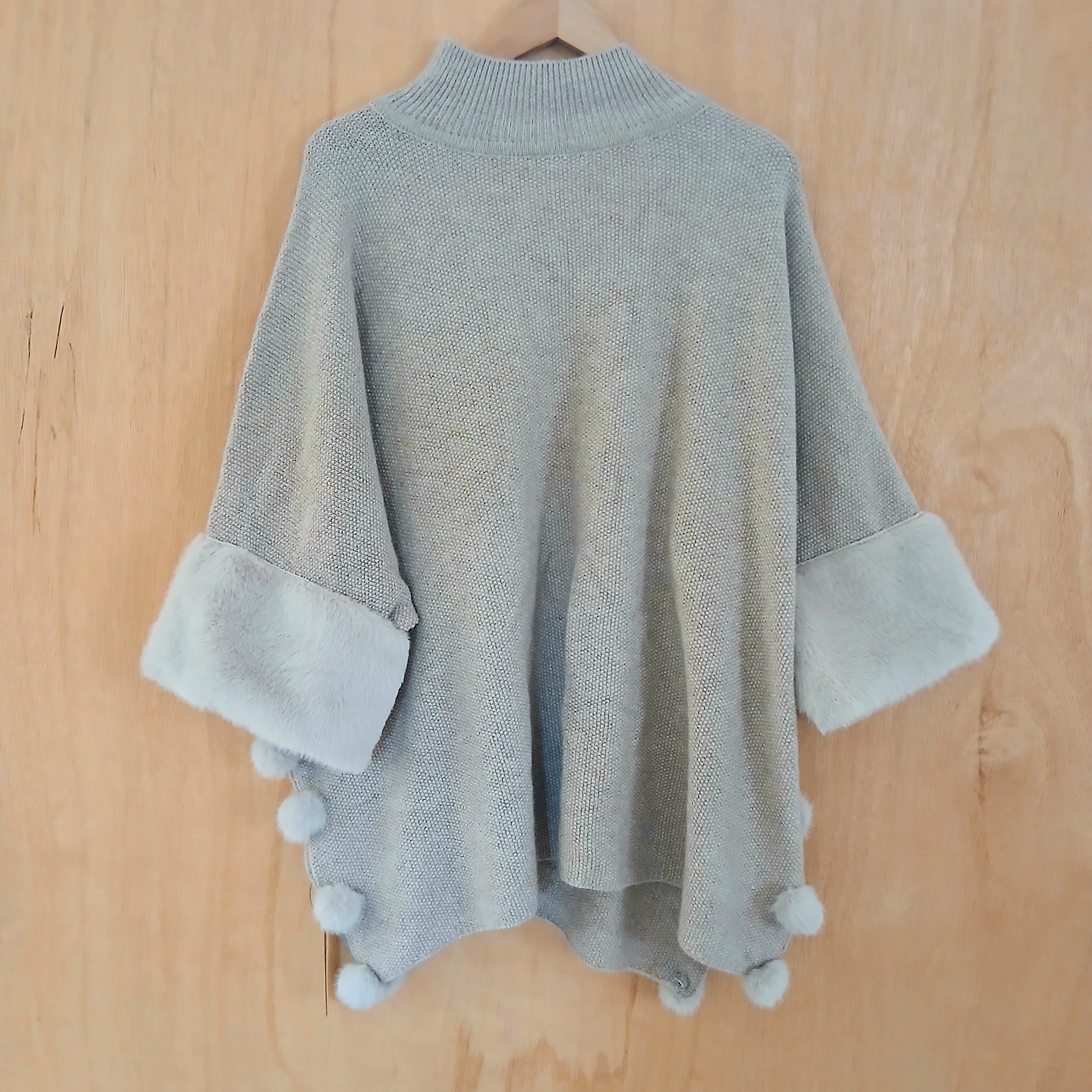 Faux Fur Poncho with Pom Poms 332767