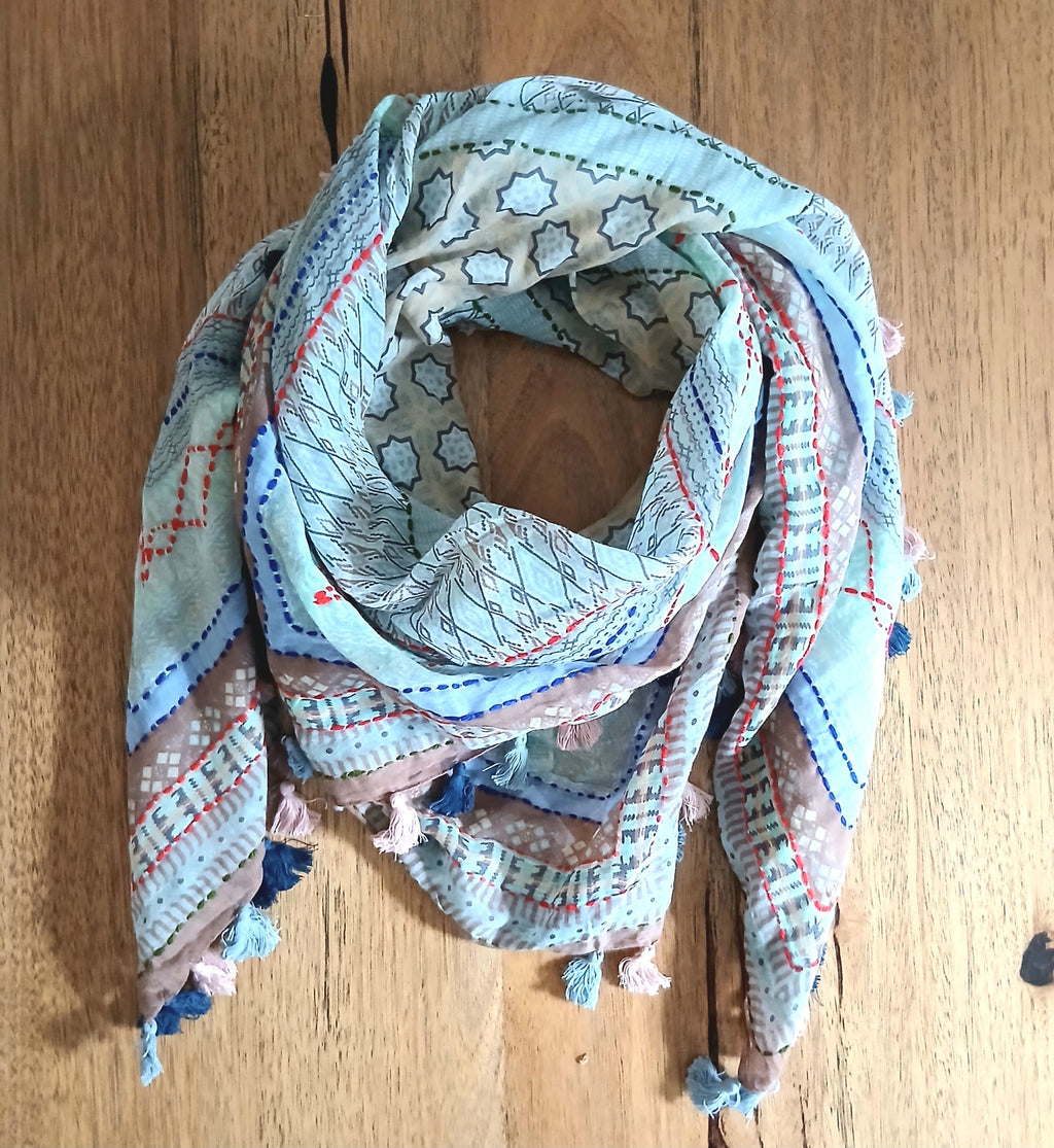 Cotton Square Embroidered Scarf with Pompom 46209