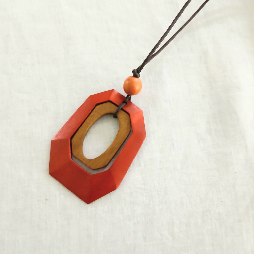 Elongated Octagon Wooden Necklace N7-920