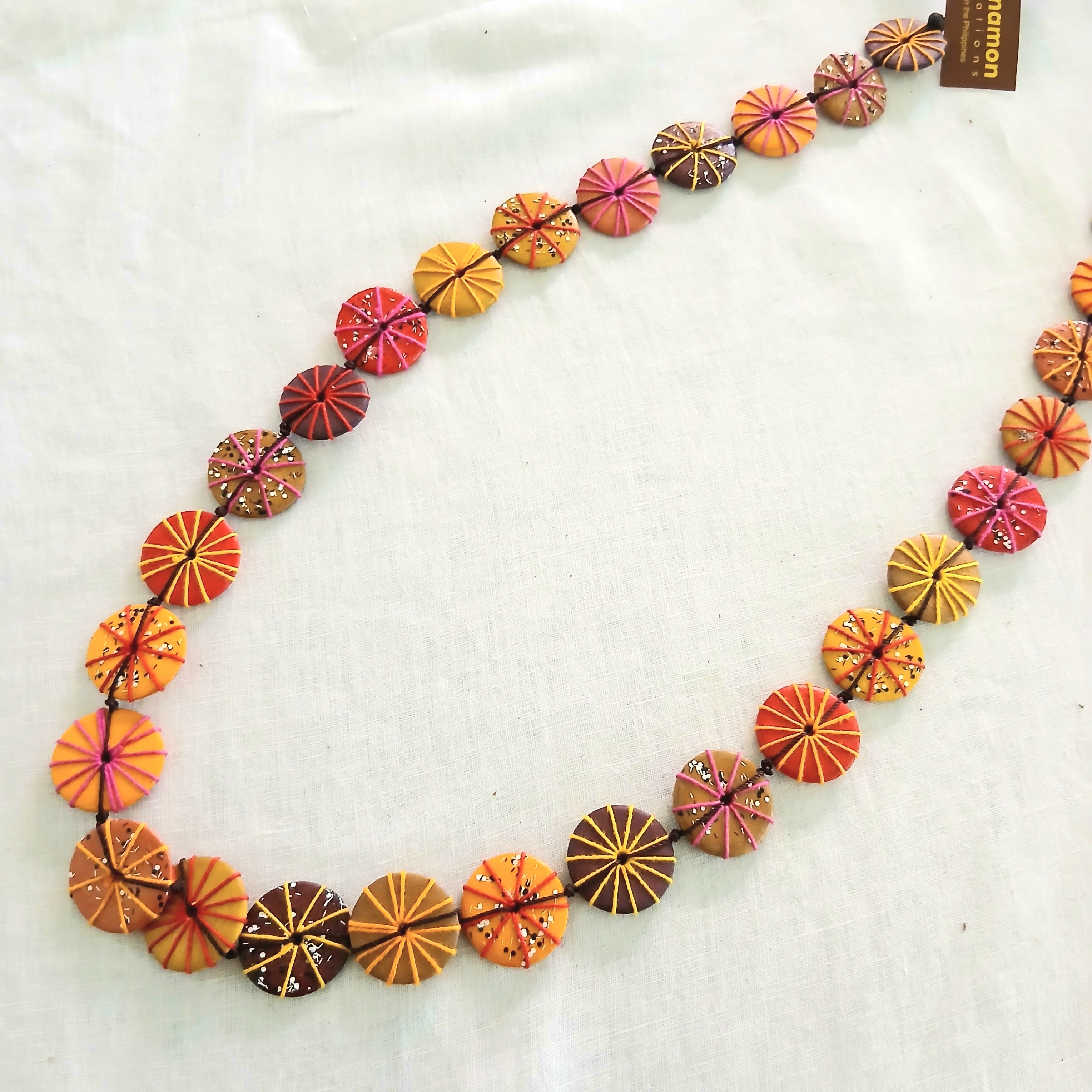 Long Embroidered and Speckled Wooden Beaded Necklace N7-01