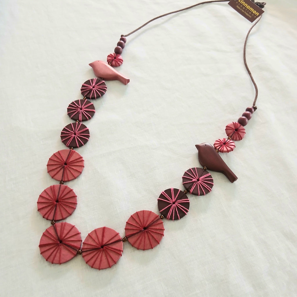 Wooden Beaded and Embroidered Necklace with Birdie N7-696