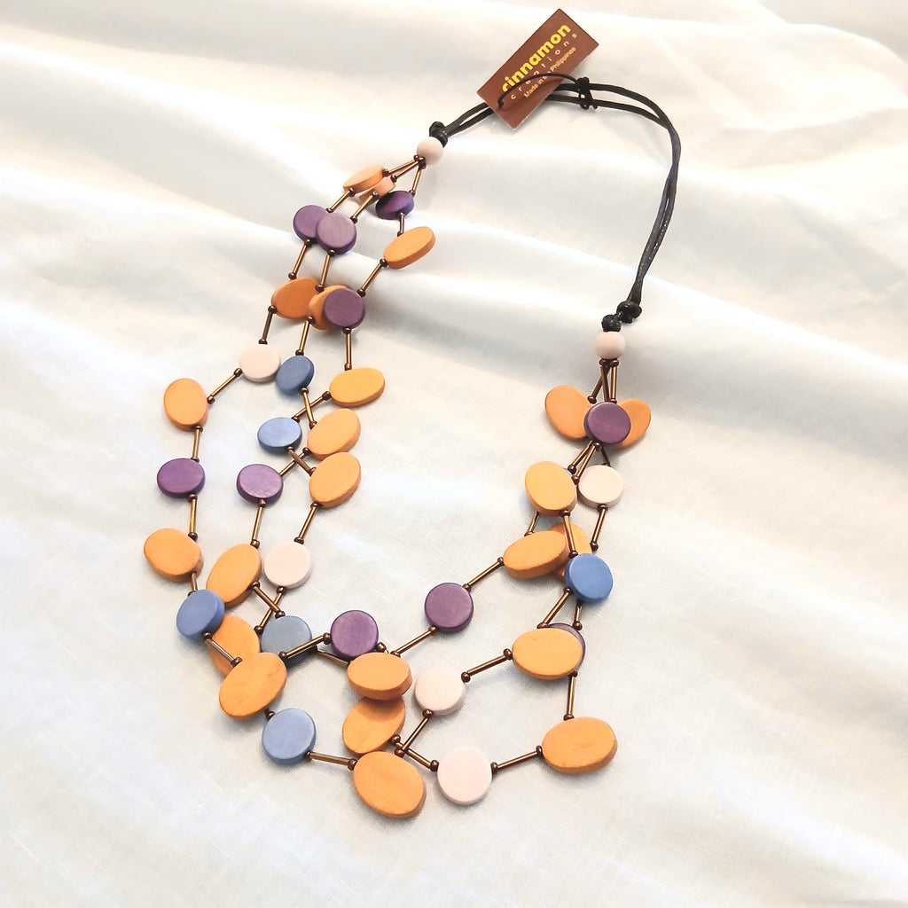 Whimsical Wooden Beaded Necklace 3-Layered N7-1392