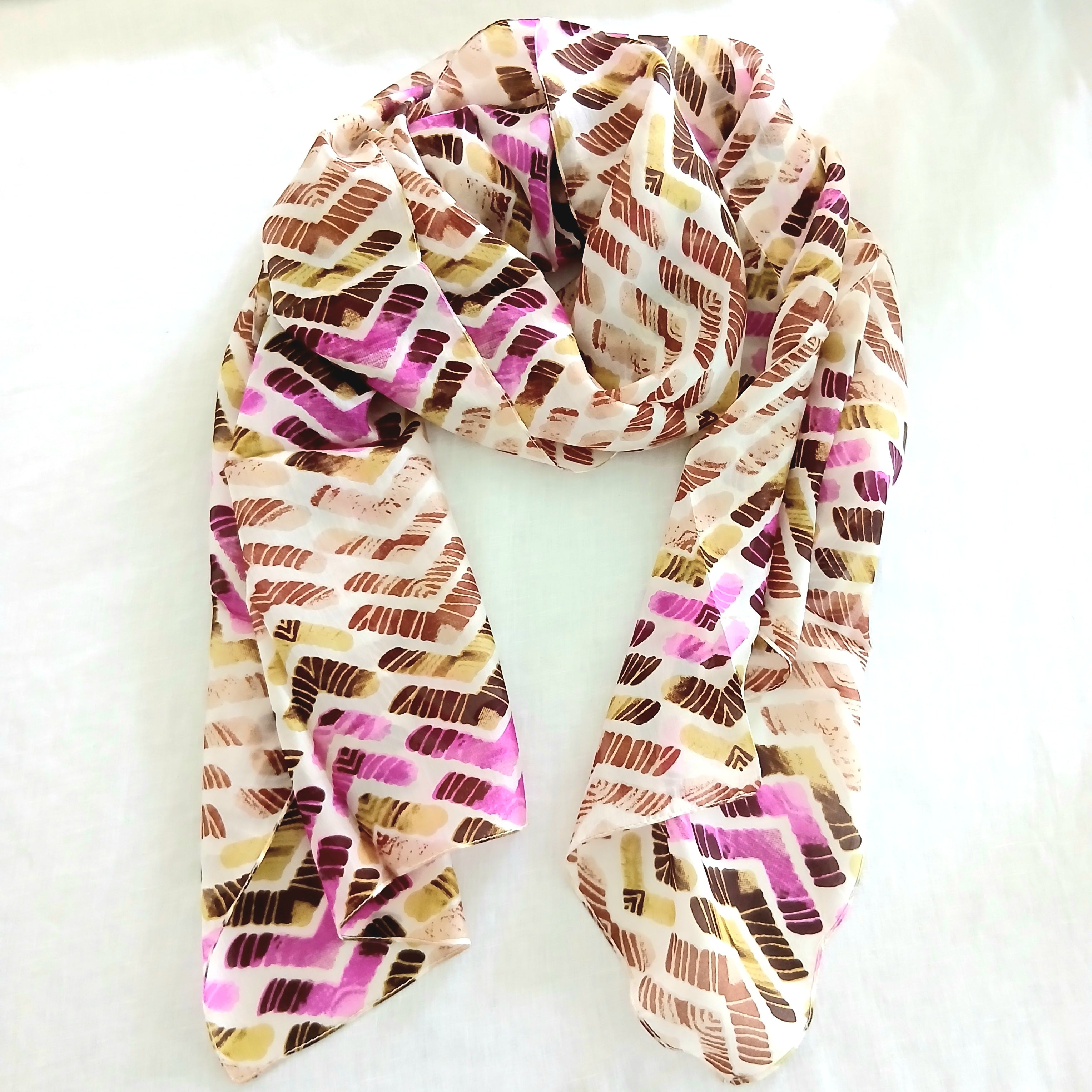 Earthy and Pink Artistic Line Silk Scarf 5522 / L