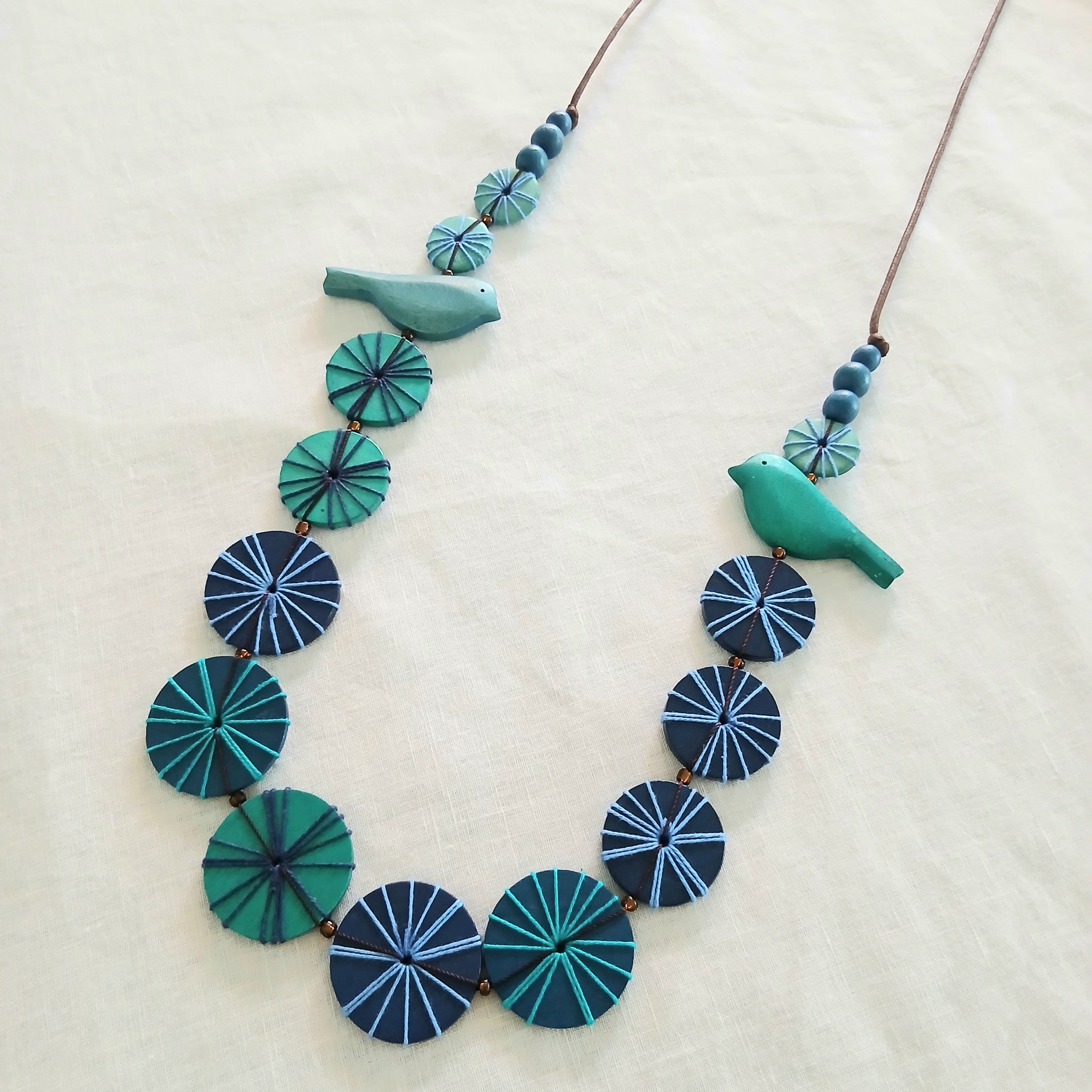 Wooden Beaded and Embroidered Necklace with Birdie N7-696