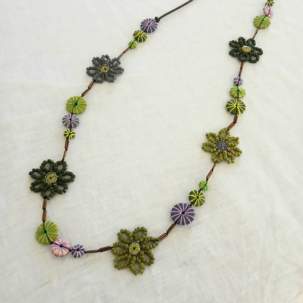 Embroidered Floral and Wooden Beaded Necklace N7-1575