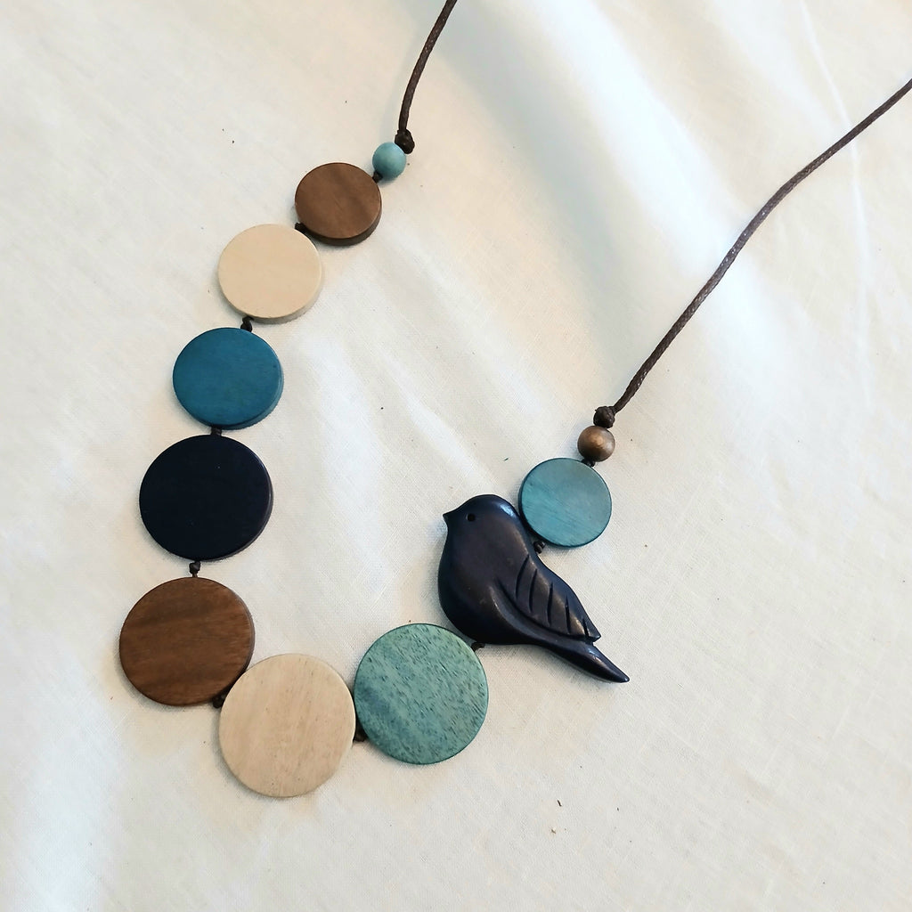 Bird on Circles Wooden Beaded Necklace N7-1134