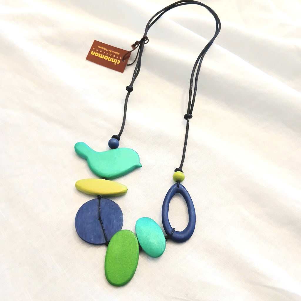 Little Bird and Blended Shapes Wooden Beads Necklace N7-1479