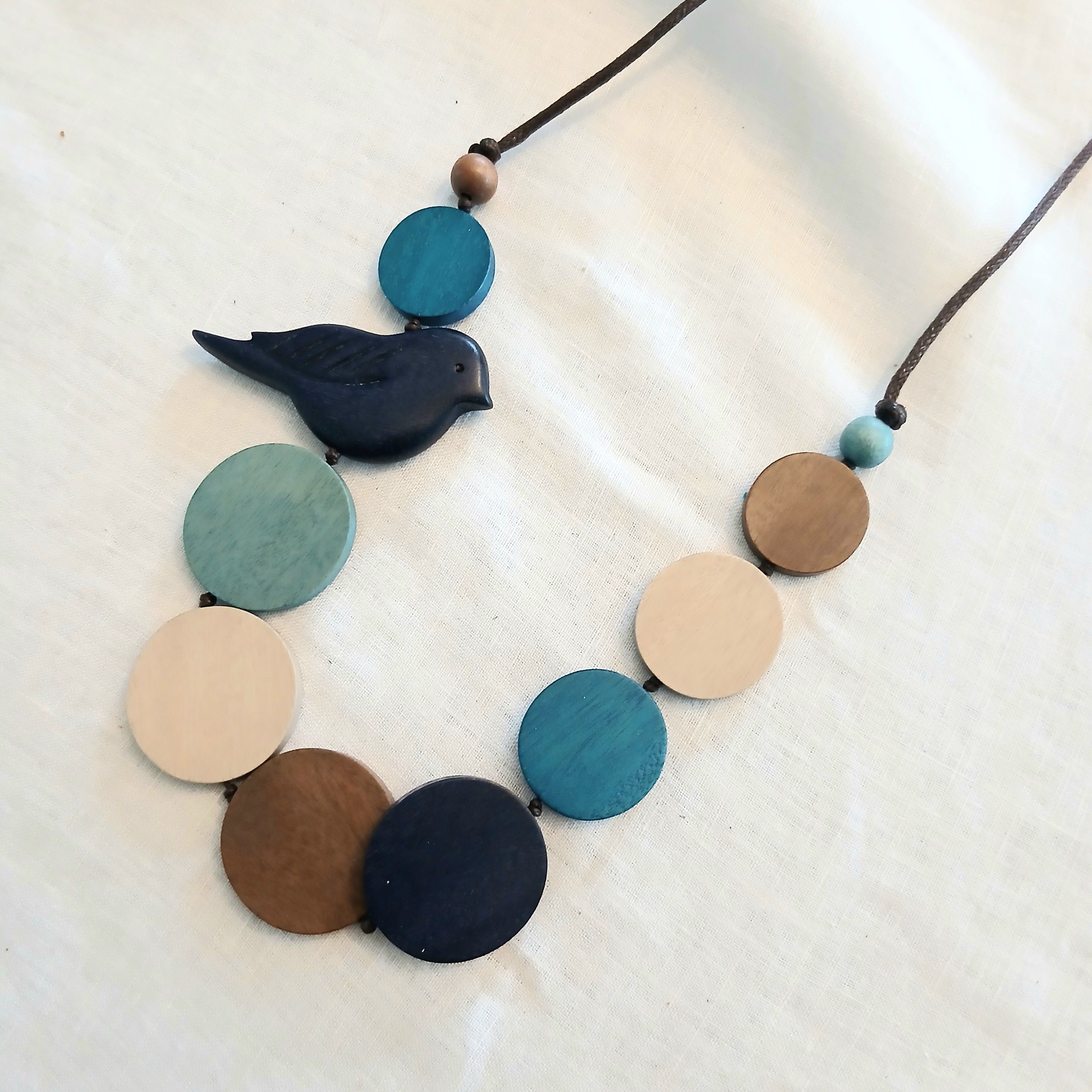 Bird on Circles Wooden Beaded Necklace N7-1134