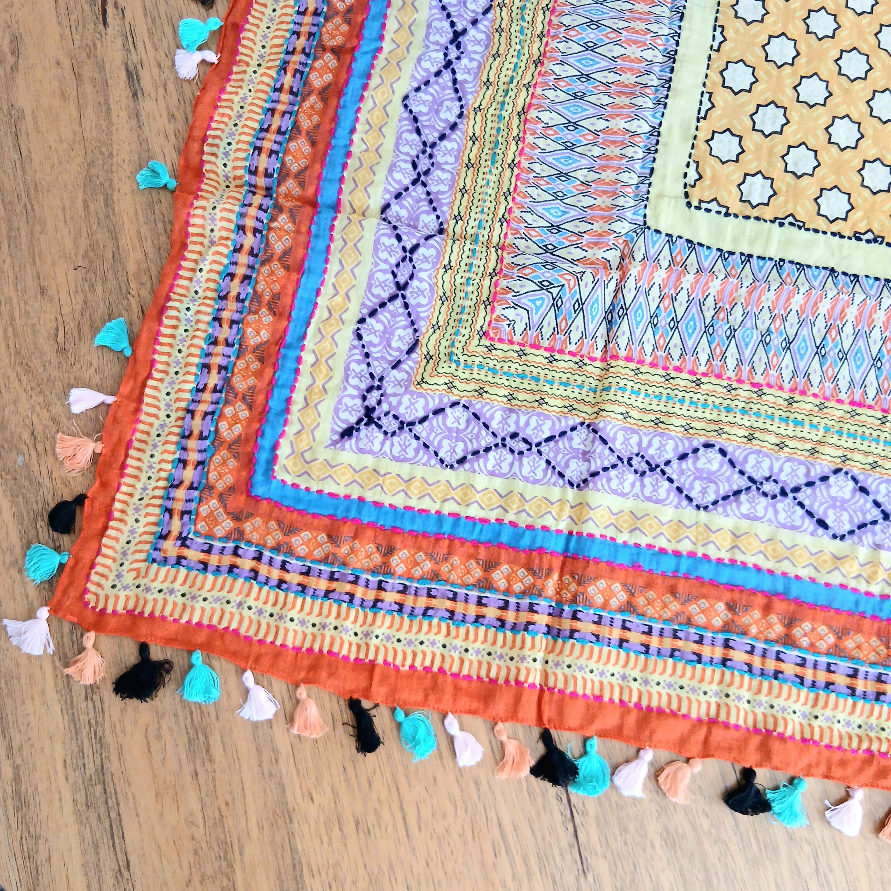Cotton Square Embroidered Scarf with Pompom 46209