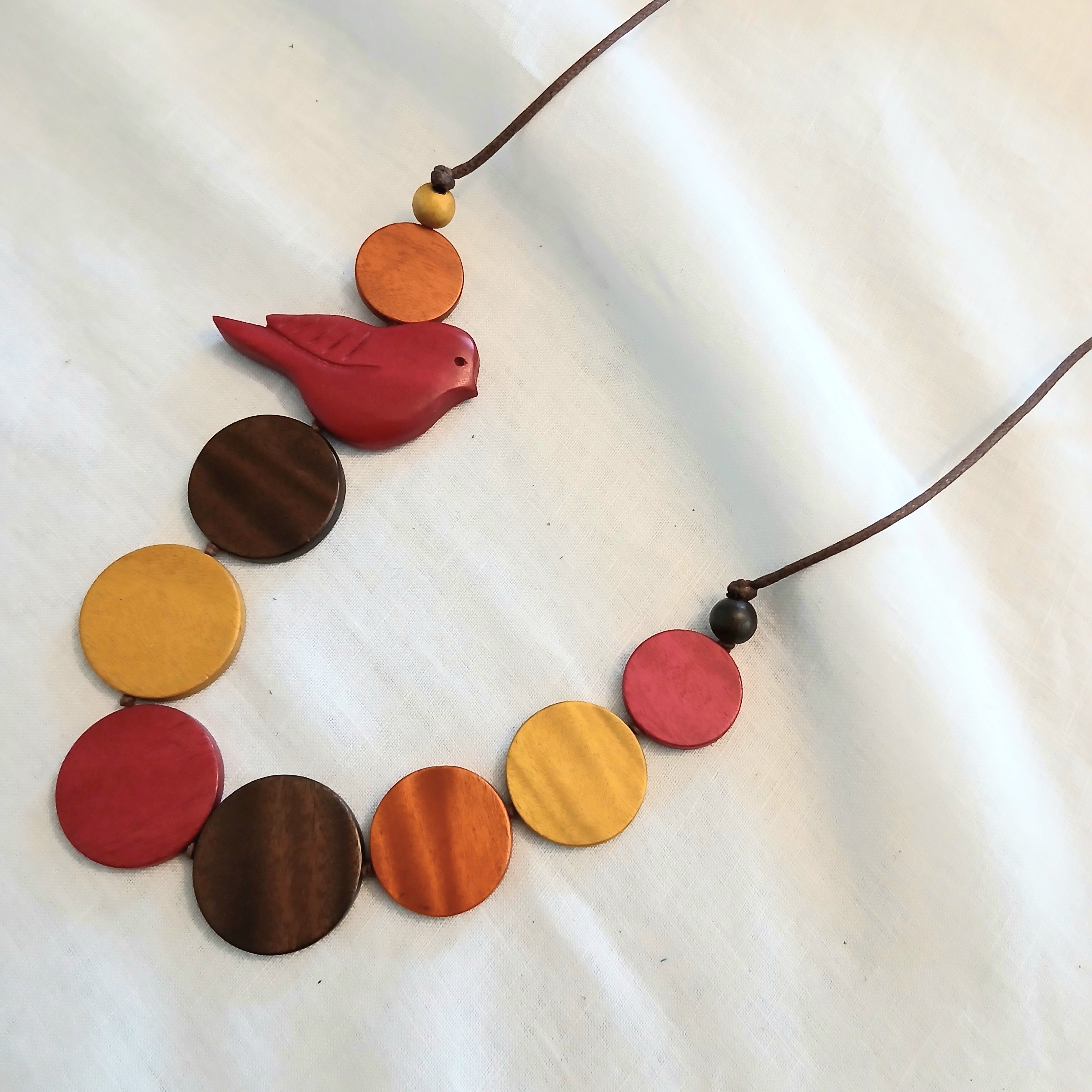 Bird on Circles Wooden Beaded Necklace N7-1134