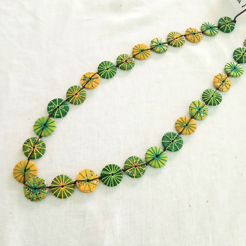 Long Embroidered and Speckled Wooden Beaded Necklace N7-01